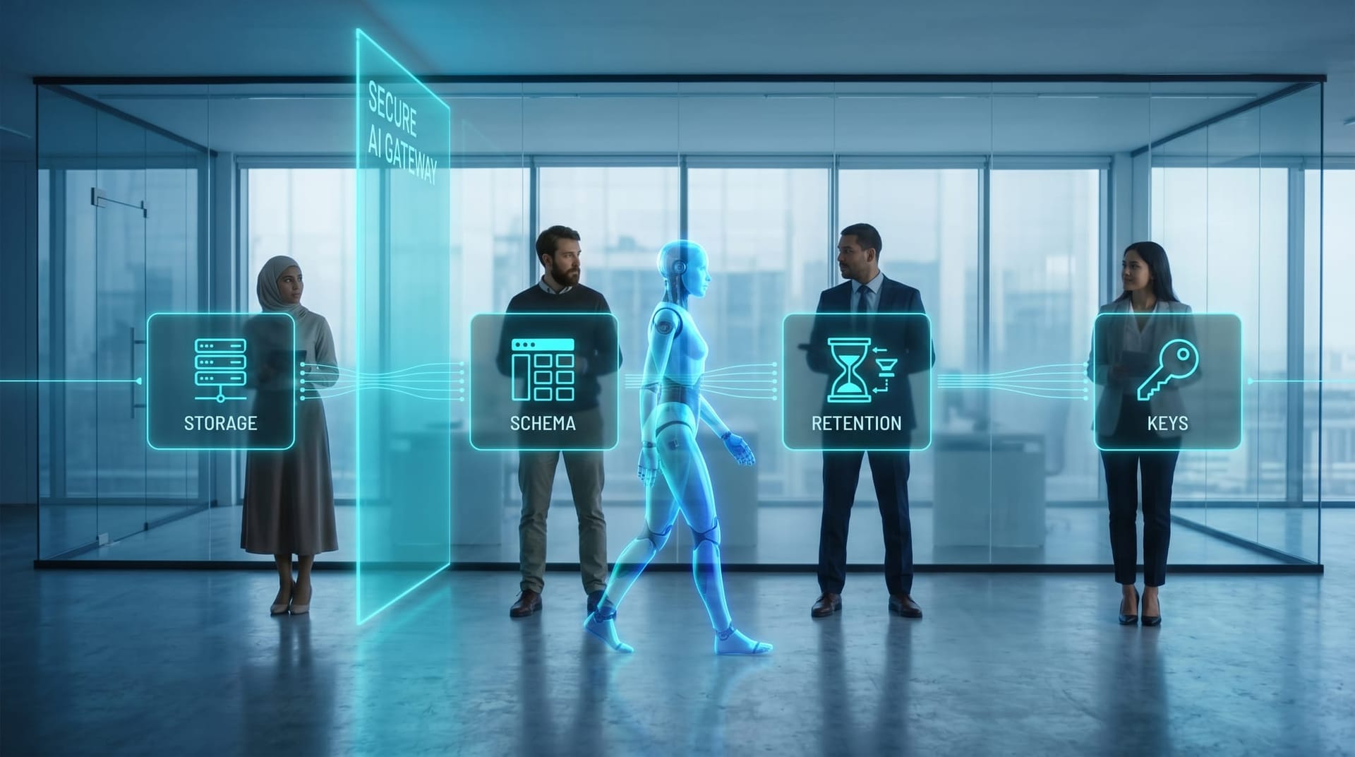 Four diverse colleagues stand alongside four sequential floating cyan holographic stations labeled storage schema retention and keys with the Secure AI Gateway as a translucent boundary and an AI humanoid walking the pipeline.