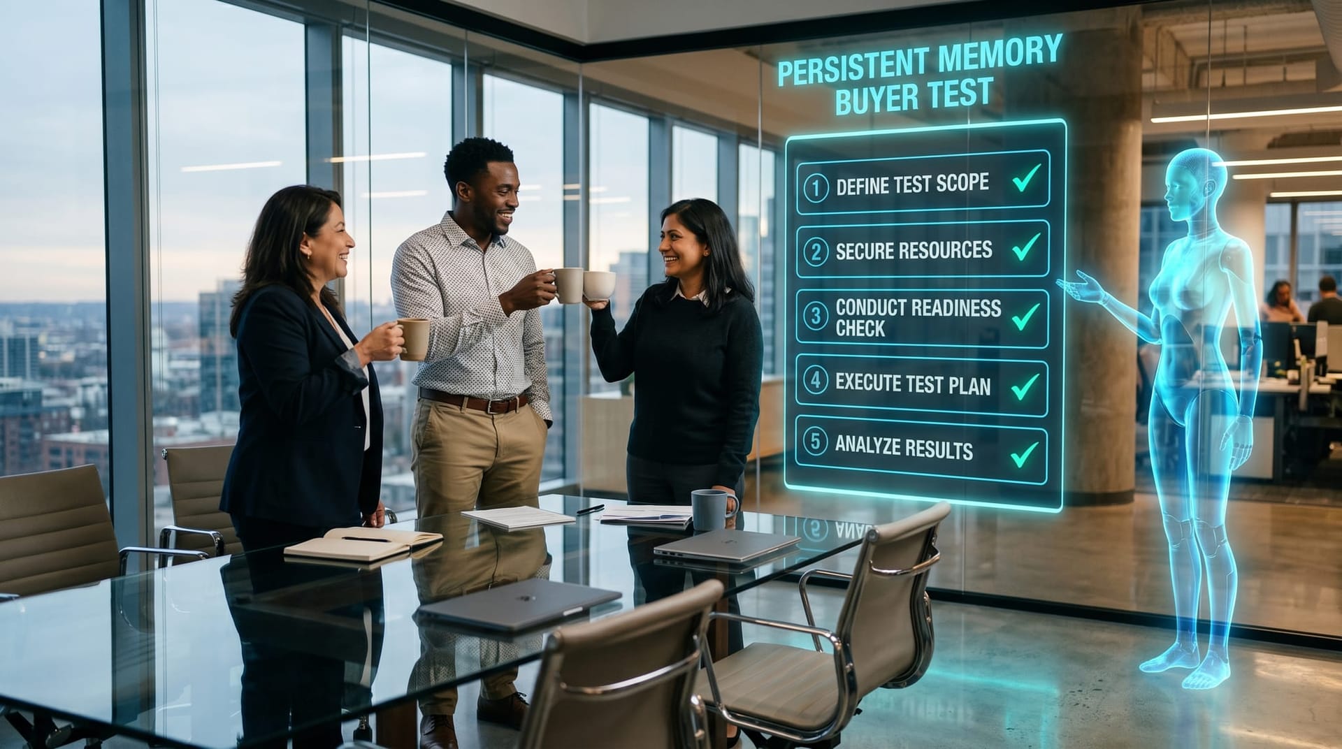Three mid-market operations colleagues toast coffee cups beside a tall floating cyan holographic checklist panel labeled persistent memory buyer test with five numbered items and a translucent AI humanoid presenting.