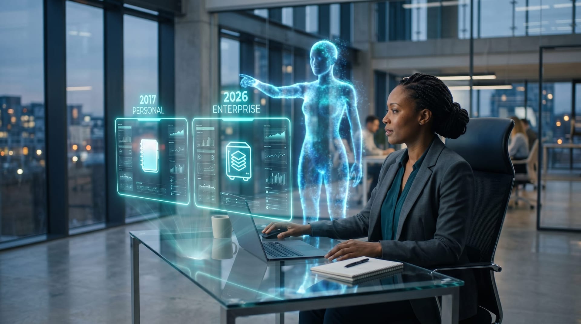 A solo professional in a modern office studies two floating cyan holographic notebook panels labeled 2017 personal second brain and 2026 enterprise second brain side by side with a translucent AI humanoid pointing.