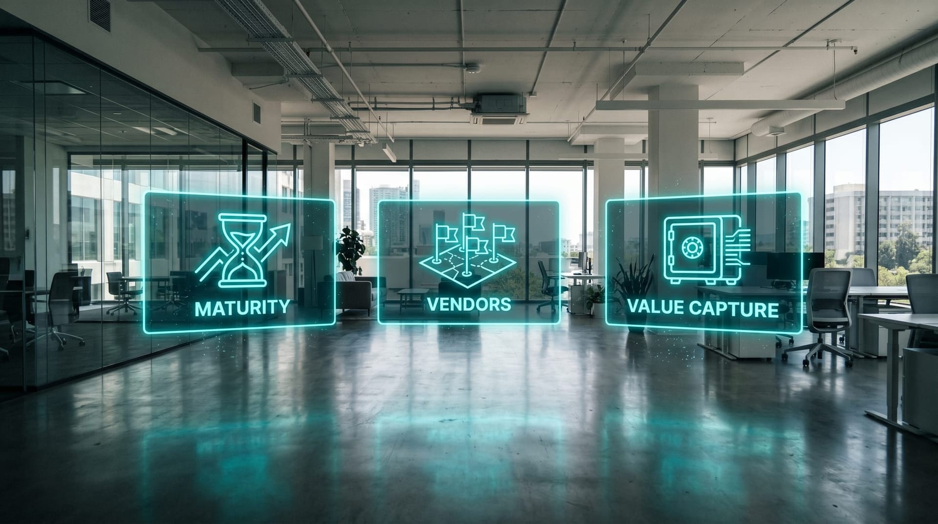 Three vertical floating cyan holographic panels in an empty modern office labeled maturity vendor positioning and value capture representing the three structural shifts driving persistent memory procurement.