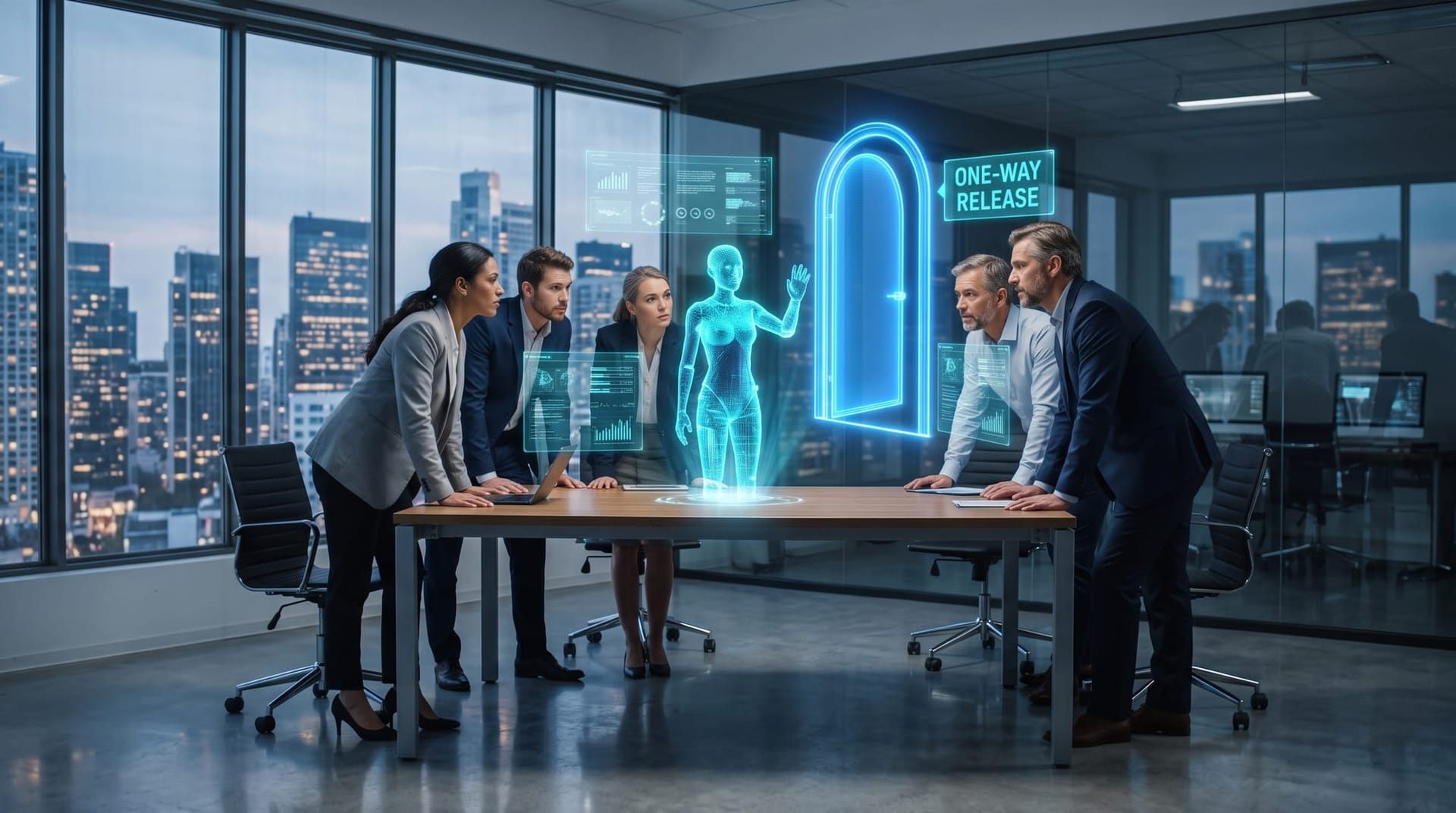 Business team weighing open vs closed AI model governance beside a translucent cyan holographic AI avatar and a glowing one-way doorway panel