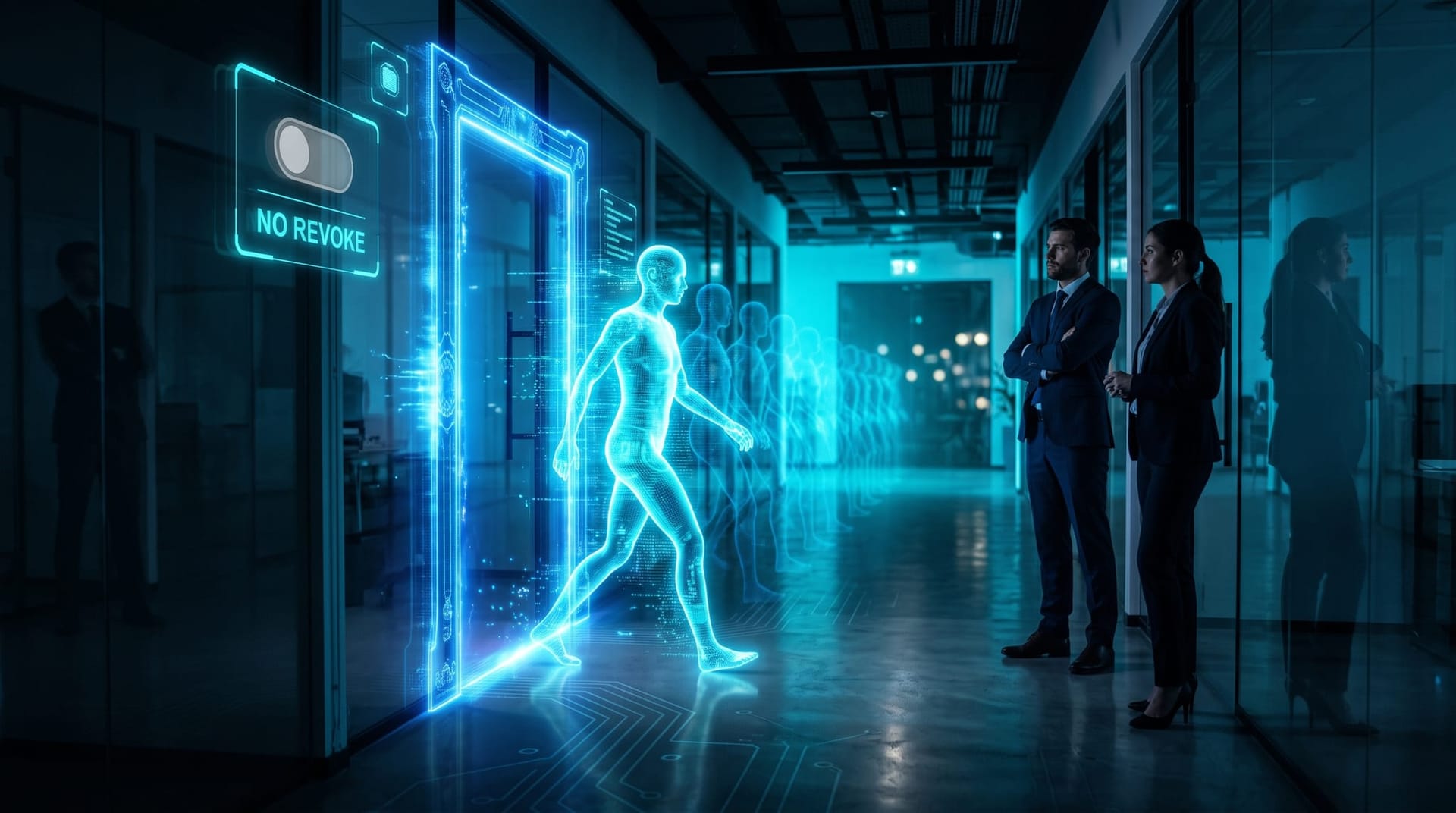 Translucent cyan holographic AI figure at a glowing blue doorway illustrating the irreversible release of an open-weight AI model with no recall