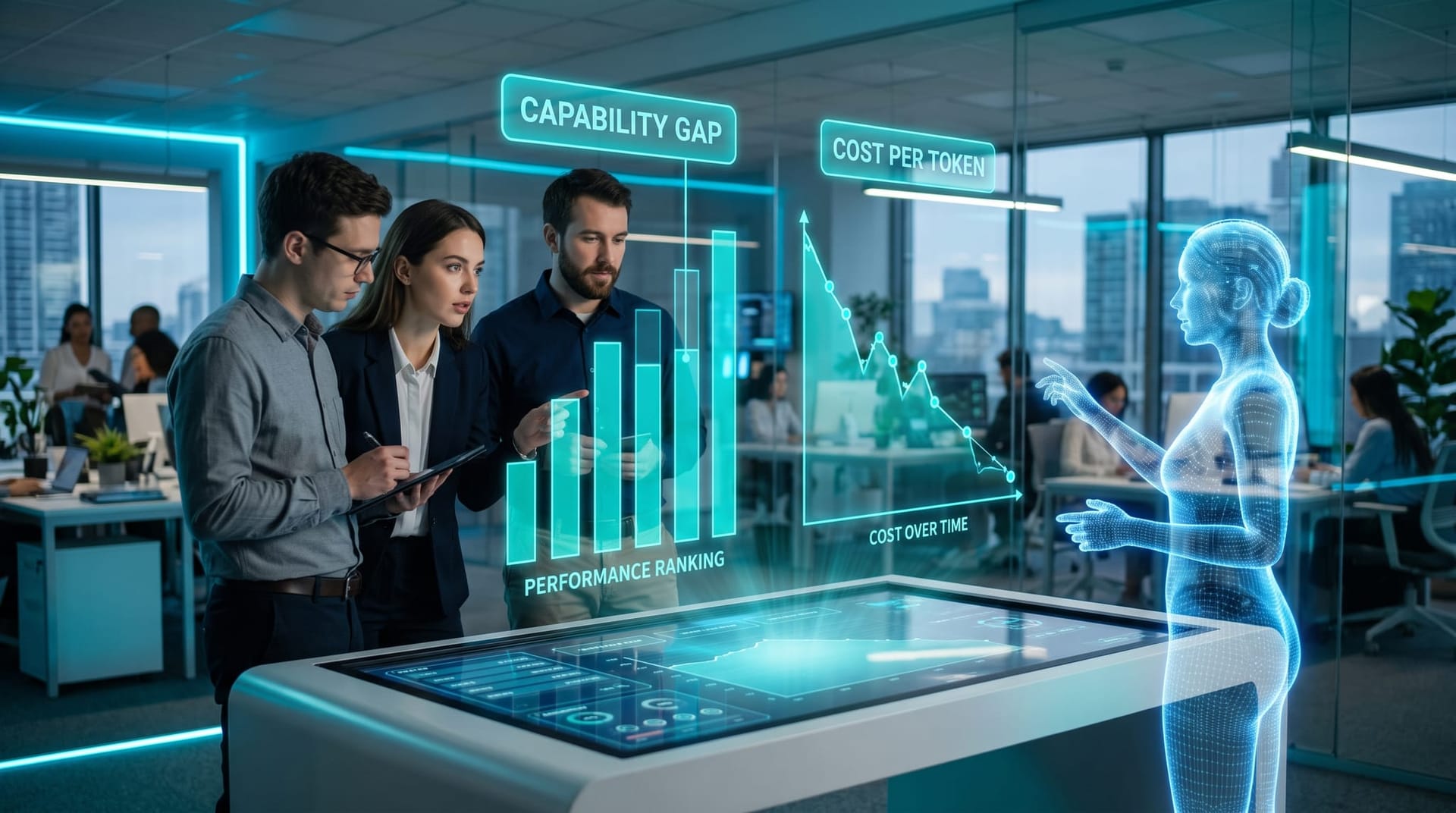 Colleagues reviewing floating cyan holographic leaderboard and cost dashboards comparing open-weight and closed AI model capability and price