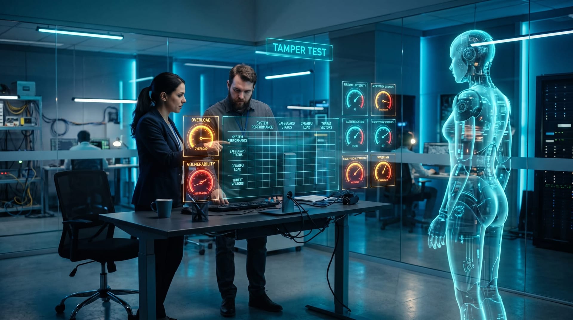 Engineers stress-testing AI model safeguards on floating cyan holographic panels showing tamper-resistance benchmark results in a blue-lit lab