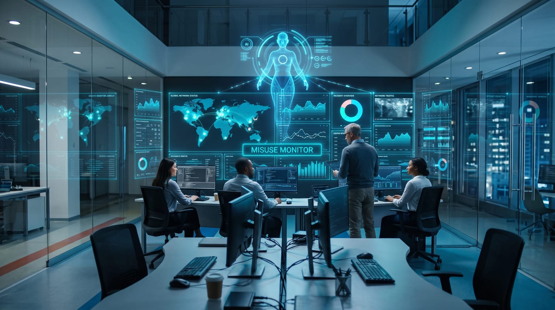 Security team monitoring floating cyan holographic threat dashboards tracking AI misuse activity across a glass-walled operations room