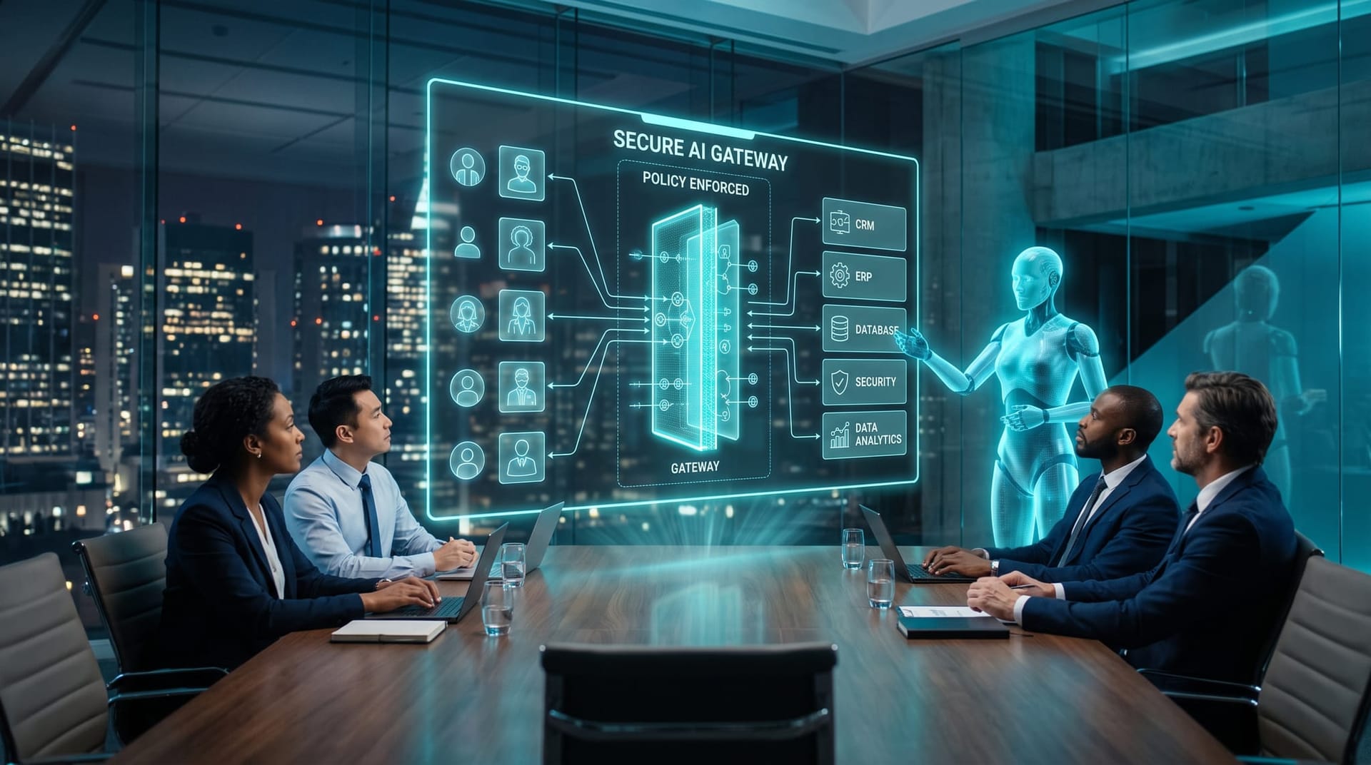 Leadership team at a boardroom table viewing a cyan holographic secure AI gateway control plane layered between AI Employees and business systems