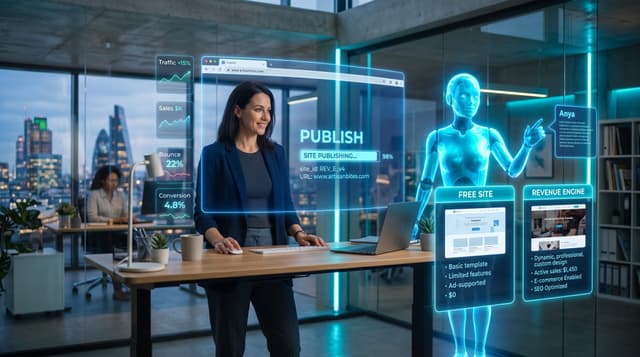 Small business owner publishing an AI-built website beside a holographic AI avatar with floating cyan panels weighing free builder versus revenue site