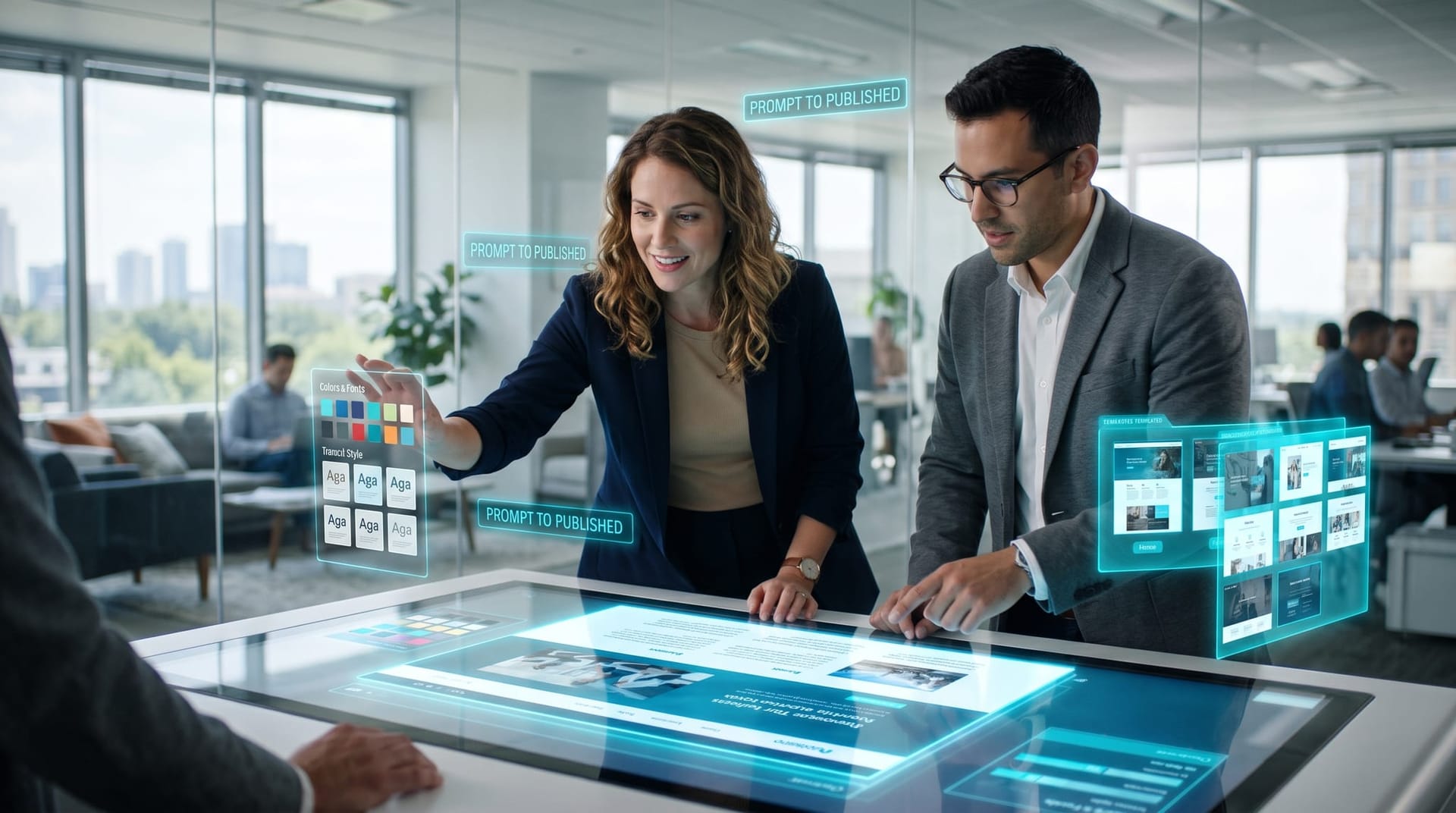 Colleagues editing an AI-generated website on a floating cyan canvas with drag-and-drop panels showing Canva Code 2.0 style template choices