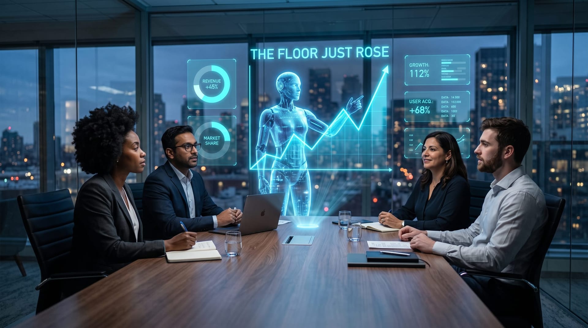 Diverse business team in a glass conference room watching a rising cyan market chart hologram as the AI website builder floor rises