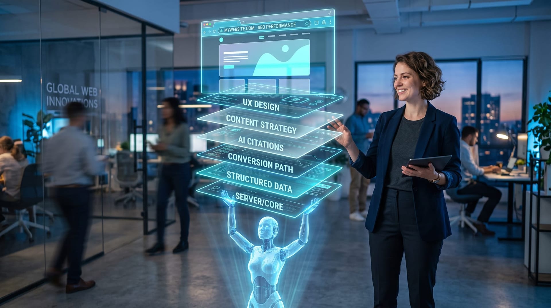 Web strategist revealing invisible site layers as stacked cyan holographic panes for structured data, conversion paths, and AEO citations