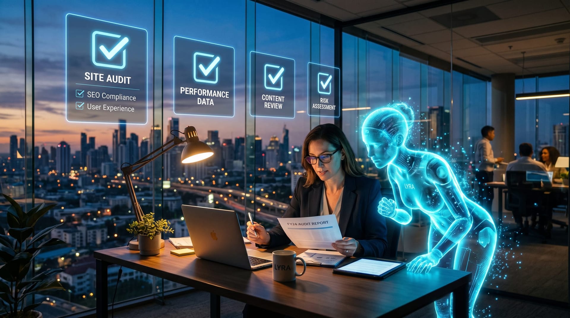 Business owner and holographic AI avatar running an evening website audit with floating cyan checklist panels glowing over the desk