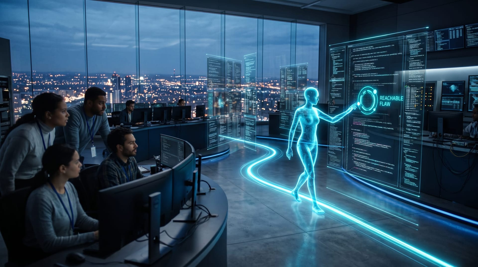 Cyan holographic AI avatar tracing a glowing attack path through floating source-code panels as security engineers watch VulnHunter-style AI vulnerability scanning