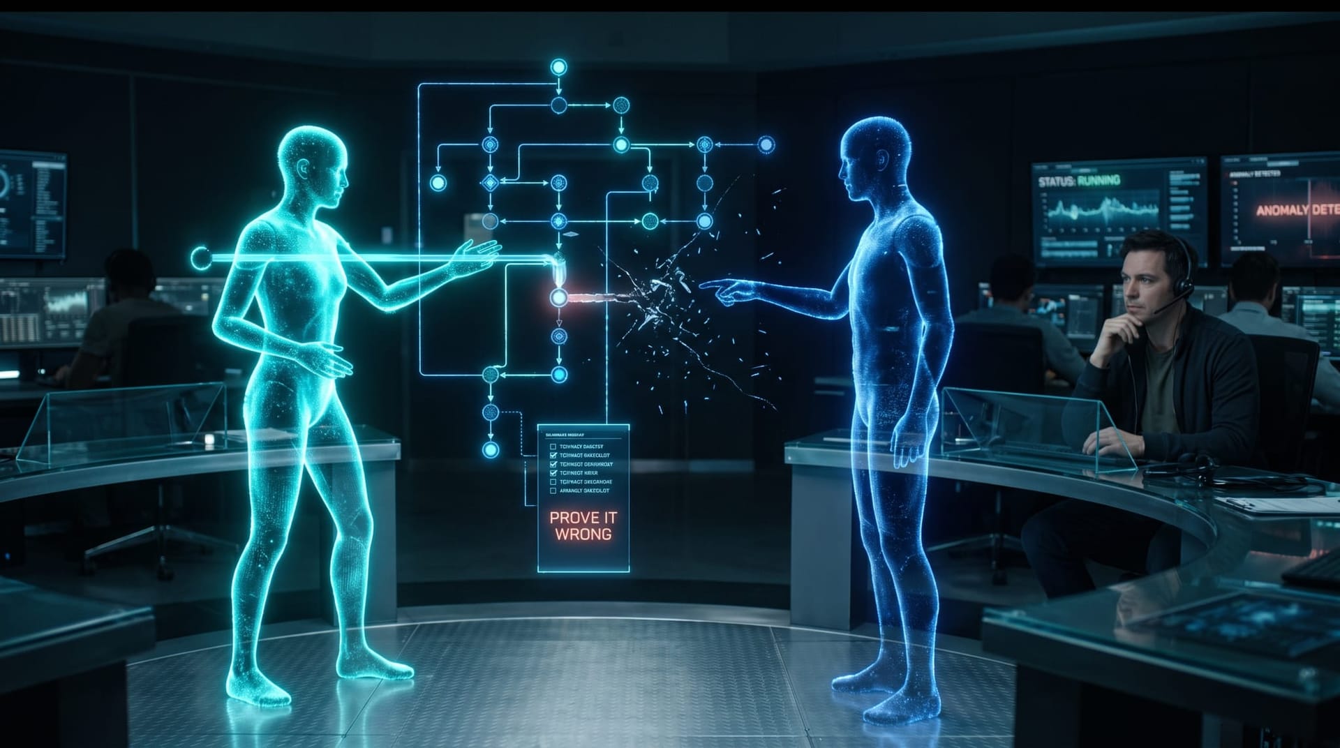 Two cyan holographic AI figures debating an exploit-path diagram, one building the argument and one testing it, showing a falsification engine at work