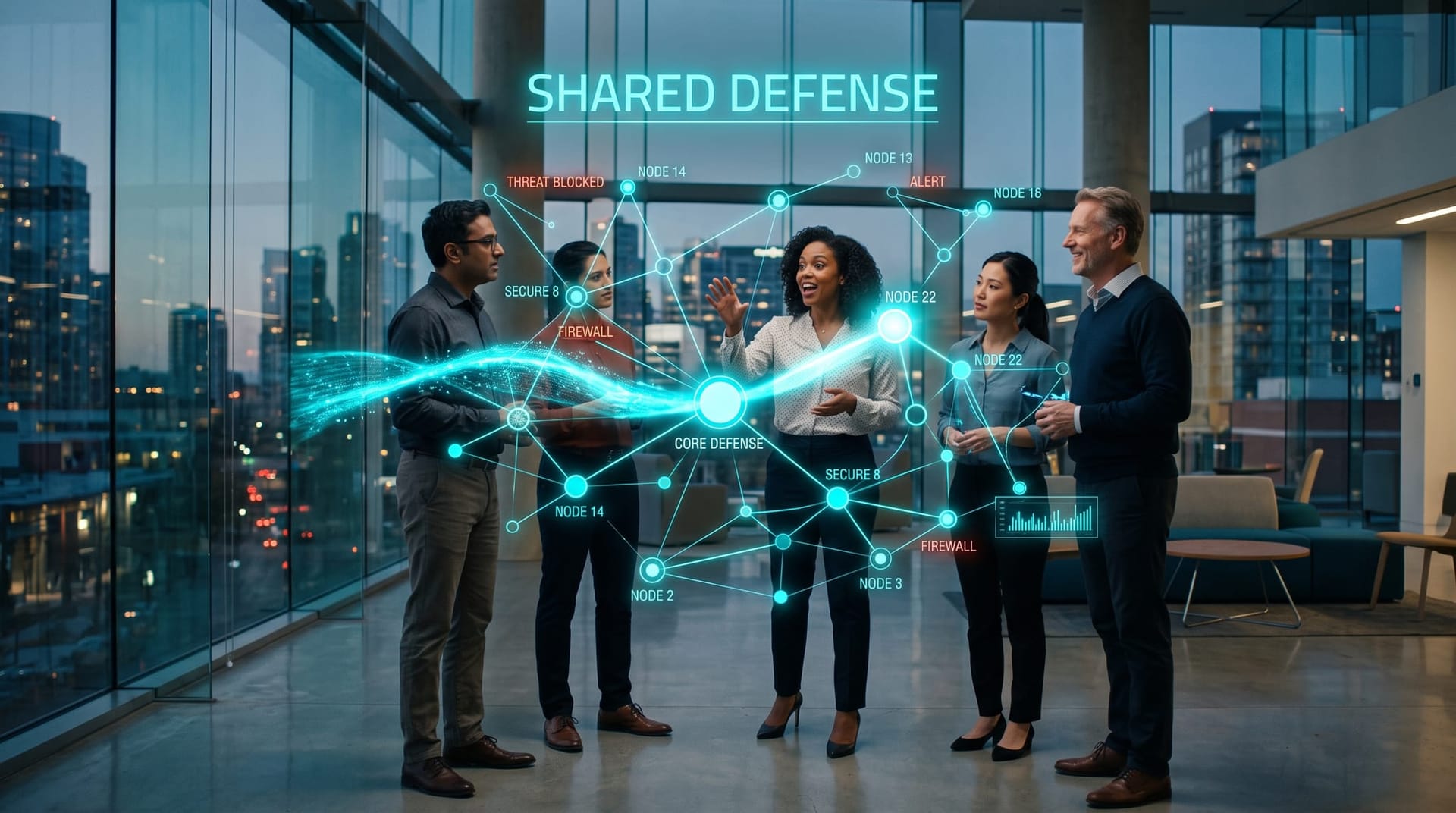 Business team watching a glowing shield motif ripple outward across a floating network of connected vendor nodes, depicting open-source ecosystem defense