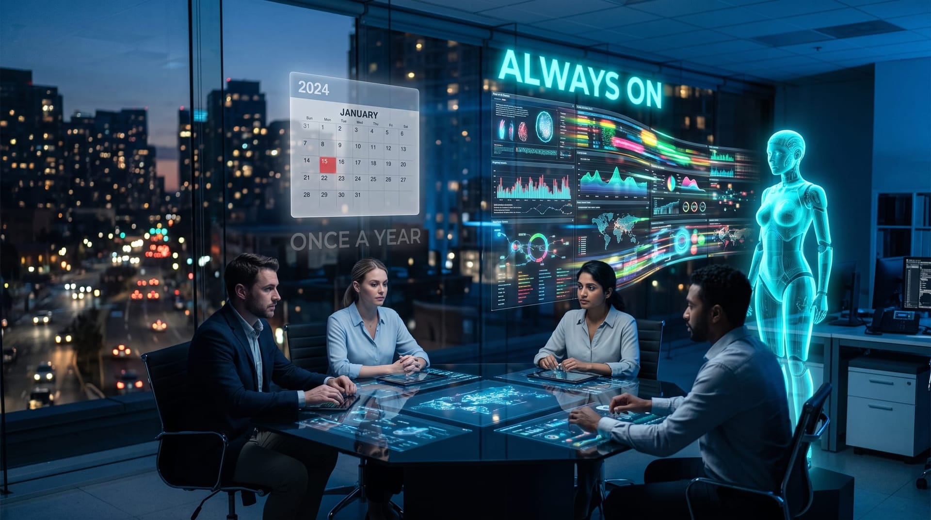 Analysts comparing an annual pen-test calendar against a continuous AI scanning stream on floating cyan dashboards in an AI-vs-AI security briefing