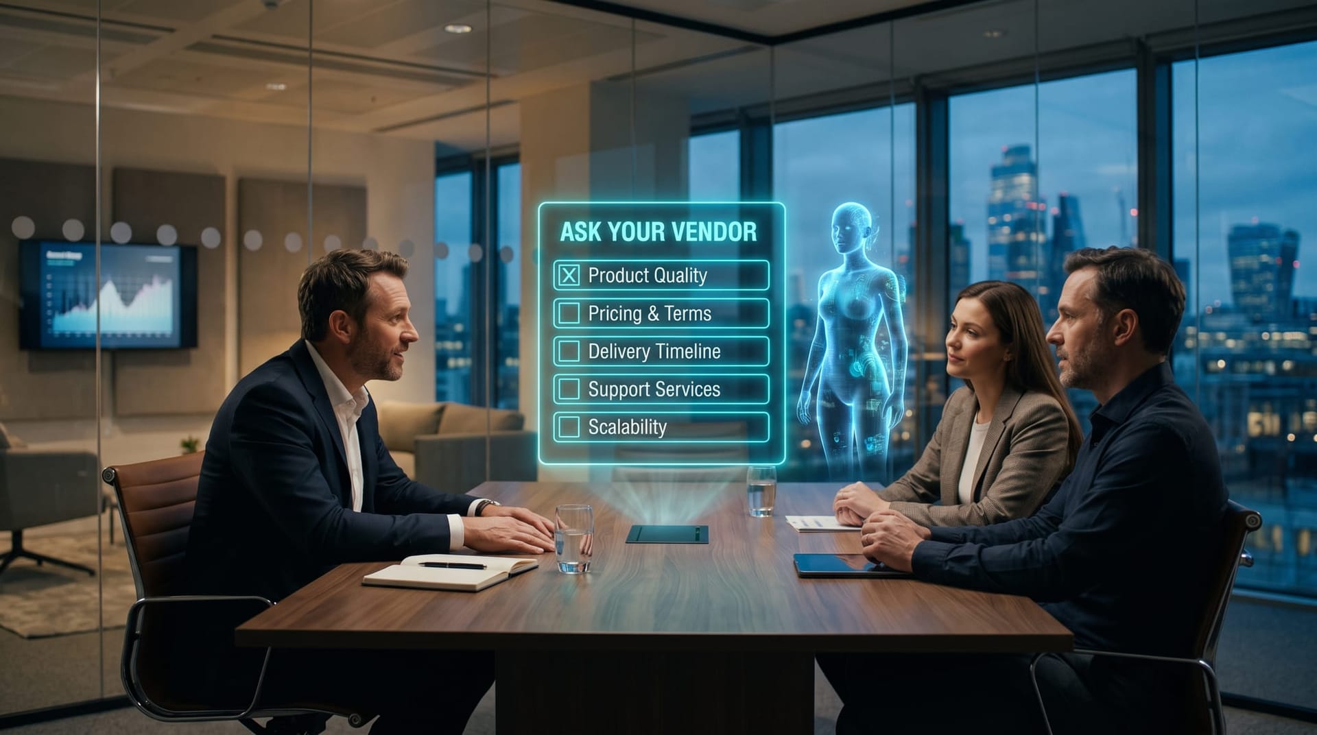 Business owner asking a vendor about AI-assisted vulnerability scanning across a conference table with a floating cyan security questionnaire hologram