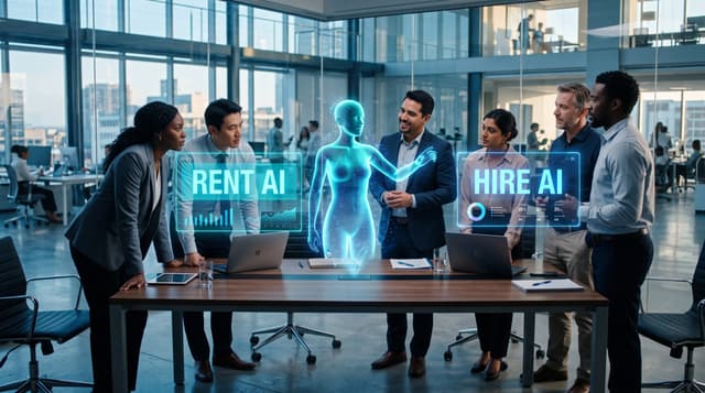 Business team in a glass-walled office weighing holographic panels labeled RENT AI and HIRE AI beside a translucent cyan AI Employee avatar