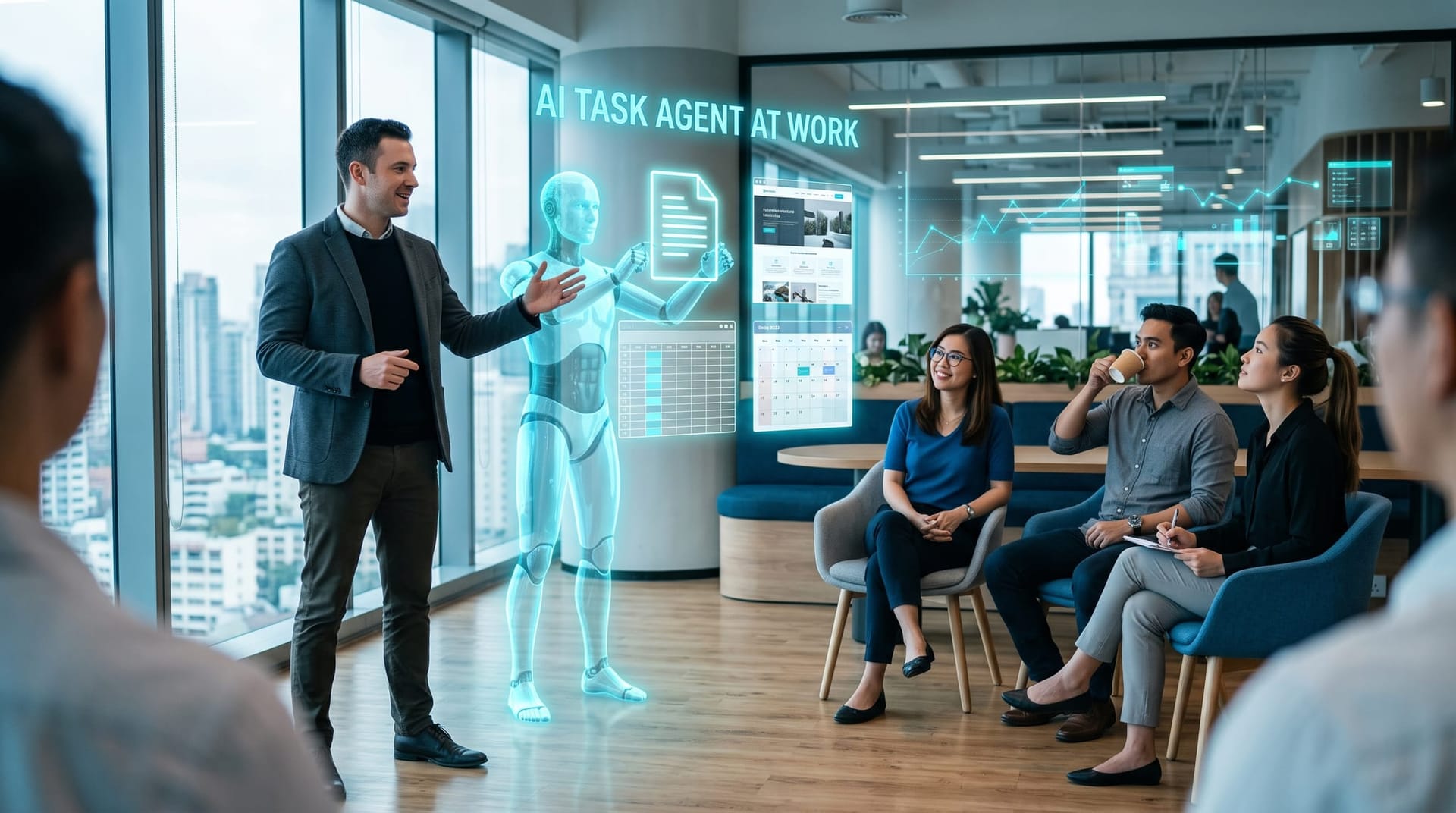 Presenter demonstrating a cloud-based AI agent to colleagues as a translucent cyan hologram assembles floating documents, charts, and a calendar
