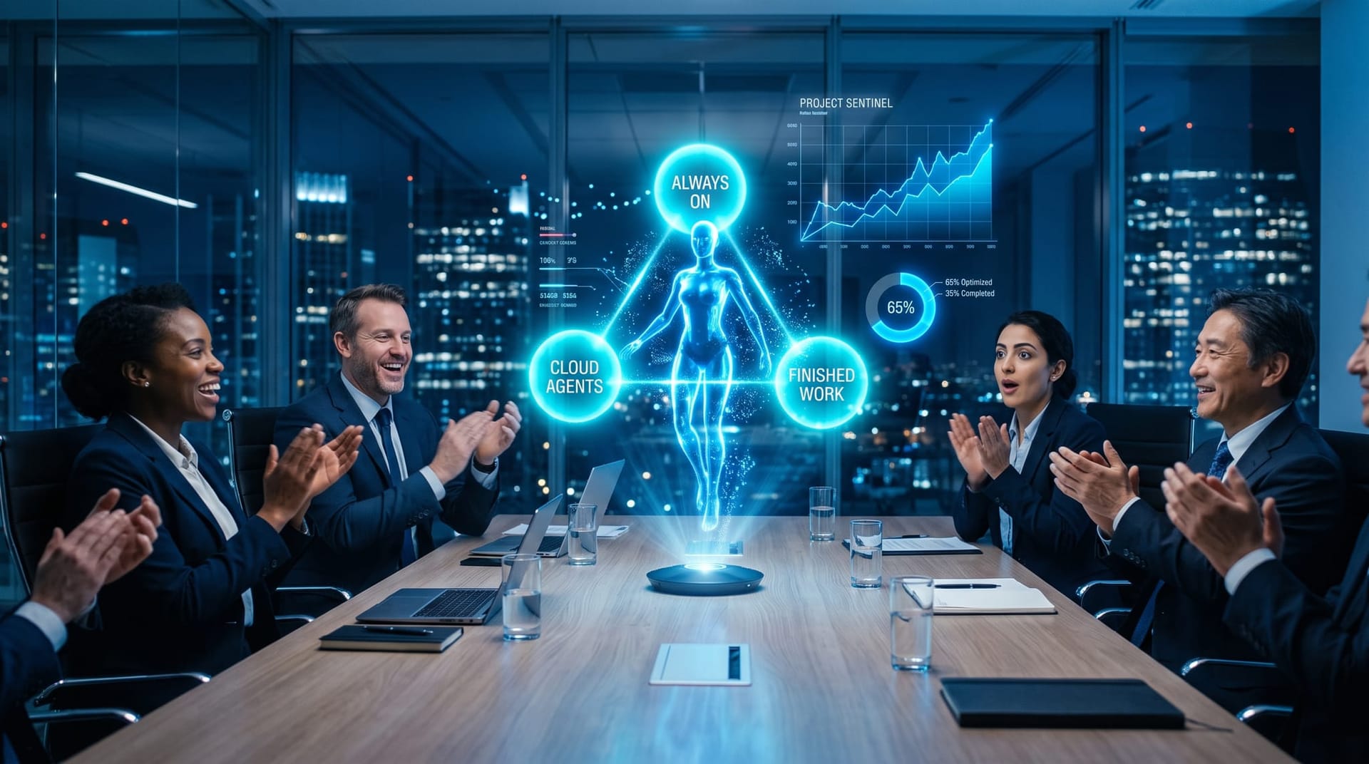 Boardroom of professionals applauding a holographic demo showing three converging AI agent platforms as glowing cyan orbs merging above the table