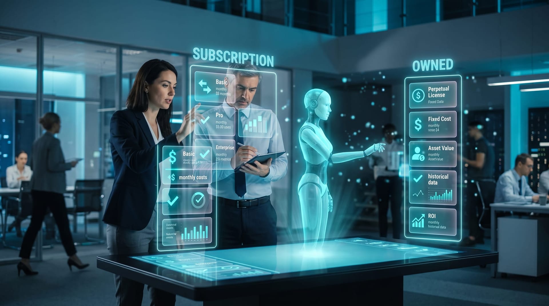 Two colleagues comparing holographic columns for renting versus hiring an AI teammate while a cyan AI avatar stands between the glowing panels