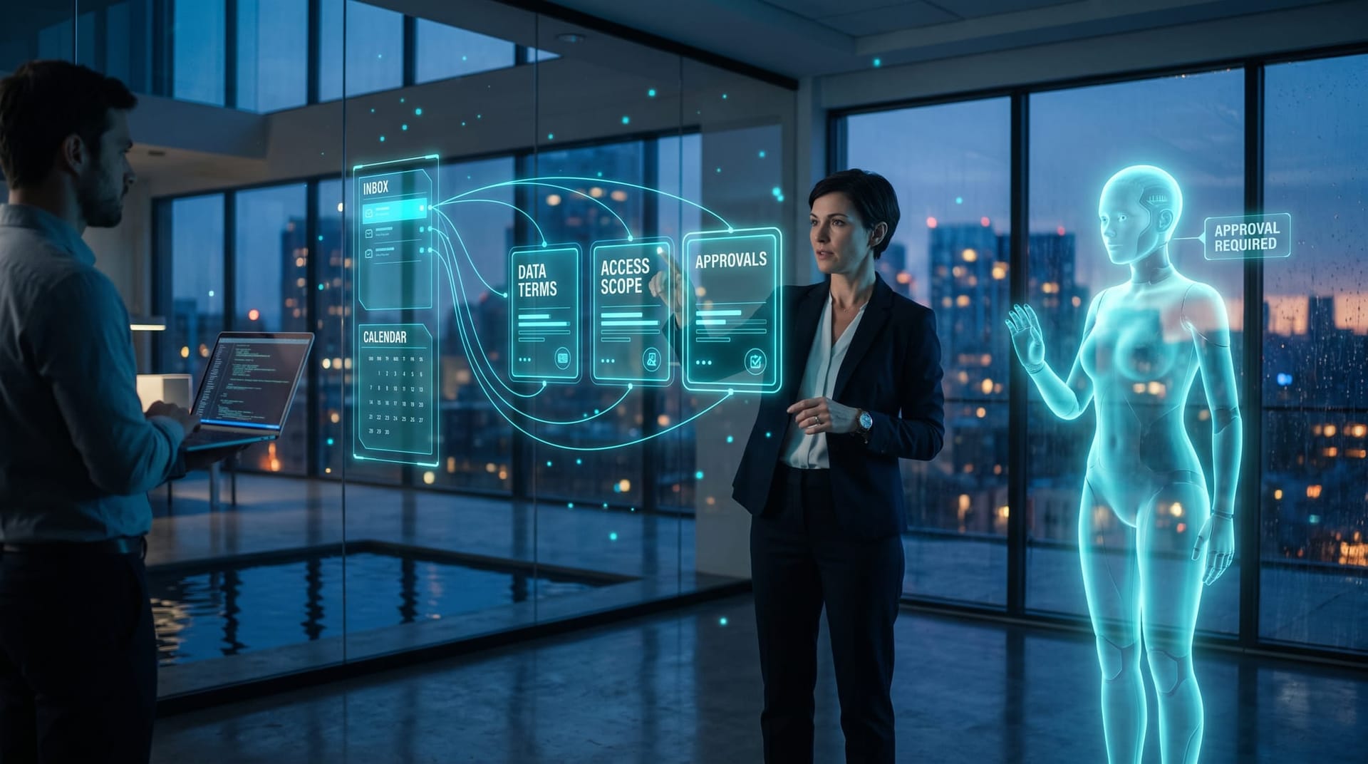 Operations manager reviewing glowing data-governance checkpoints on holographic panels beside a cyan AI figure awaiting human approval