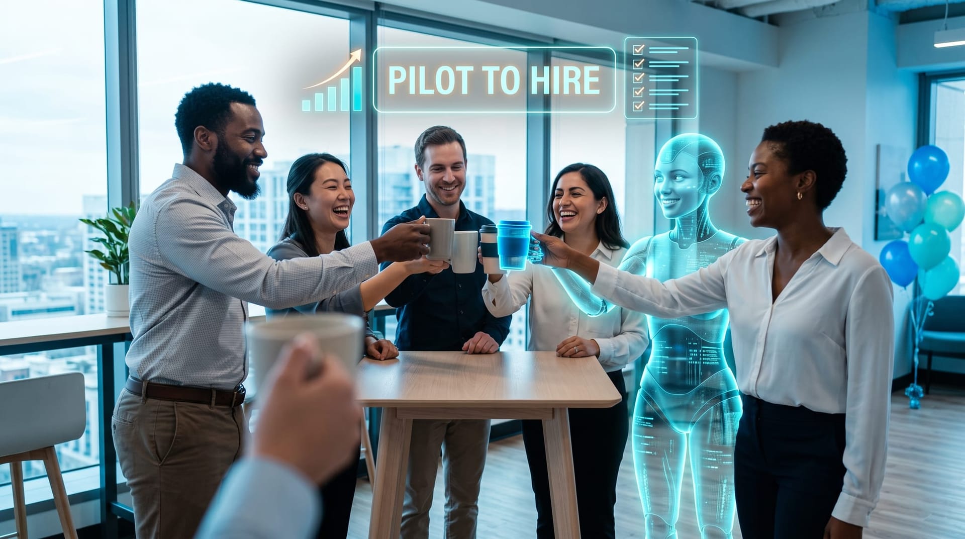 Professional-services team toasting coffee cups with a translucent cyan AI Employee avatar as floating text reads PILOT TO HIRE above charts