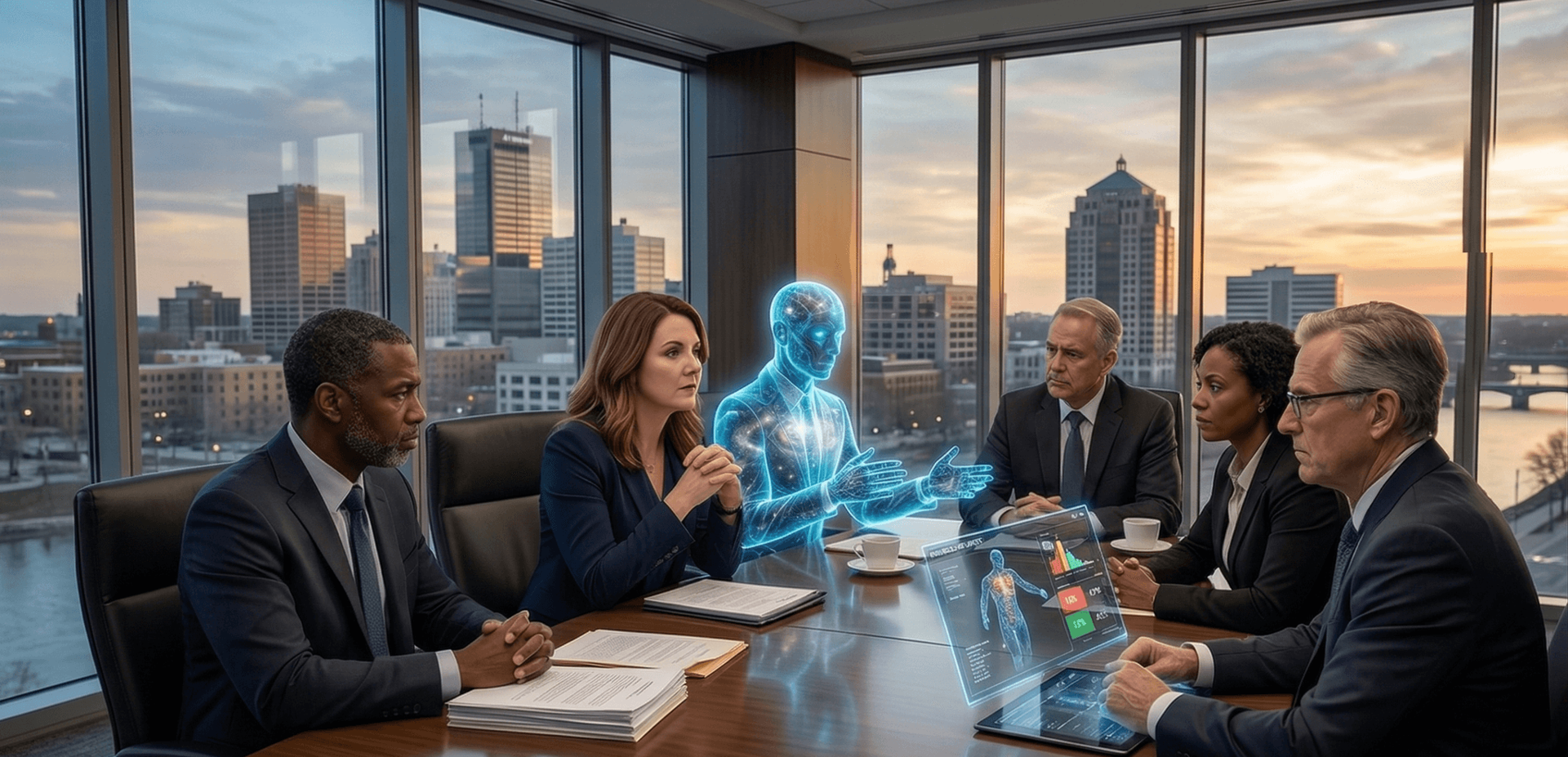 AI Employee holographic presence at a Chicago personal injury attorney conference table — artificial intelligence assisting with case strategy, settlement analysis, and client consultation in a downtown law office with the Willis Tower and Chicago skyline visible through floor-to-ceiling windows