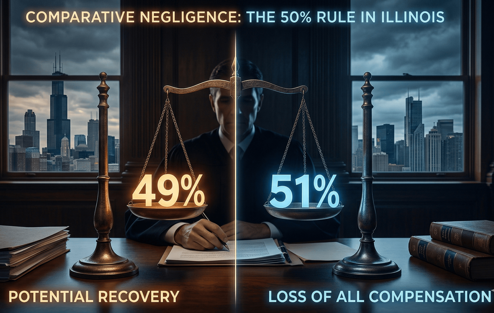 Illinois comparative negligence 50% rule visualization — scales of justice showing 49% fault with potential recovery versus 51% fault with total loss of compensation, Chicago skyline courtroom setting illustrating the razor-thin margin that determines PI case outcomes in Cook County