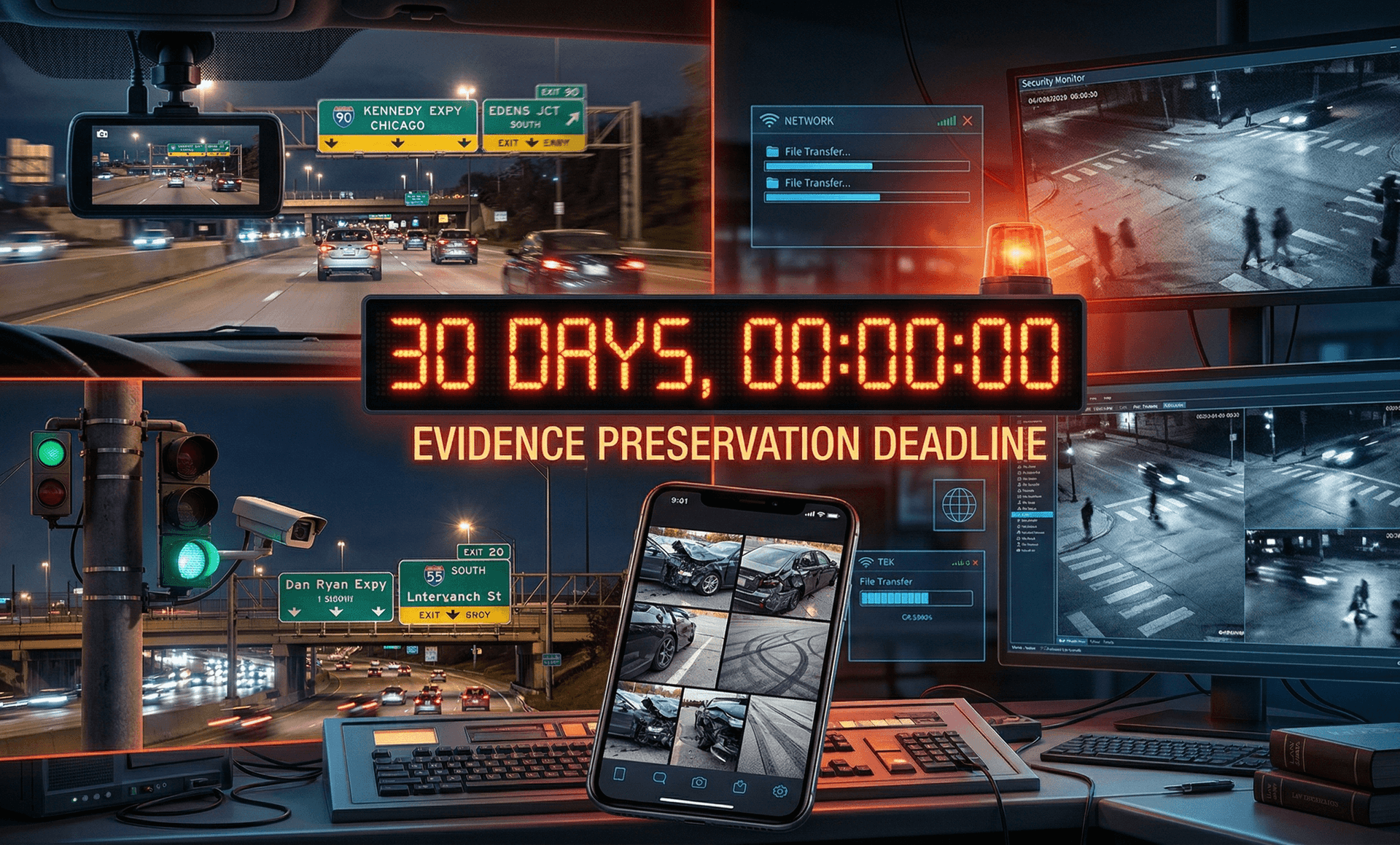 Evidence preservation deadline countdown for Chicago personal injury cases — 30-day clock with dashcam footage from the Kennedy Expressway and Dan Ryan, traffic camera feeds, smartphone crash photos, and security monitor uploads illustrating the urgency of preserving accident evidence before it disappears in Cook County PI litigation