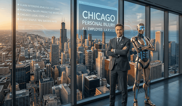 Chicago personal injury attorney standing alongside AI Employee with Chicago skyline and Willis Tower — Cloud Radix AI technology handling 24/7 client intake, claim analysis, and case scoring for Cook County PI law firms