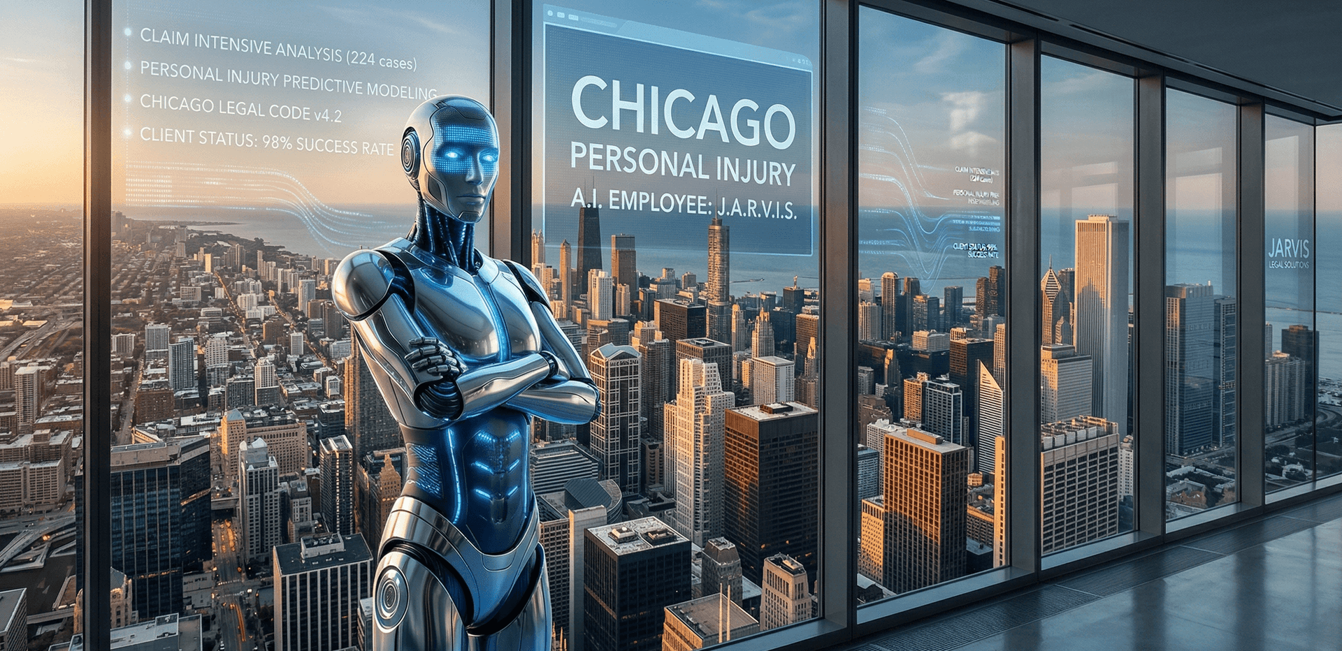 AI Employee command center for a Chicago personal injury law firm — holographic dashboards displaying claim analysis, predictive case modeling, and real-time client status tracking with the Chicago skyline visible, powering 24/7 intake for Cook County PI attorneys competing in Illinois' most saturated legal market