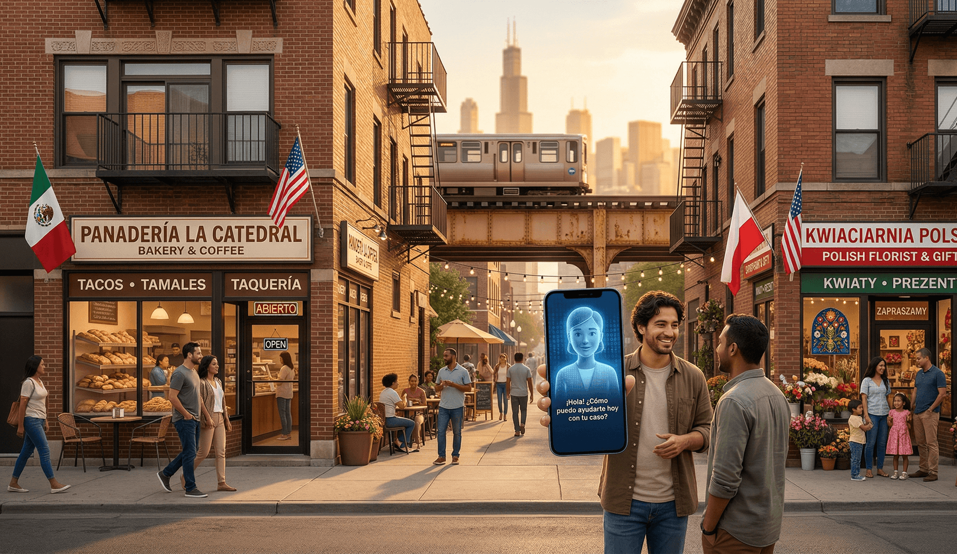 Multilingual AI Employee serving Chicago's diverse neighborhoods — Spanish-speaking Pilsen bakery and Polish Jackowo florist with the CTA elevated train and Willis Tower in the background, smartphone displaying AI legal assistant greeting in Spanish for Cook County personal injury intake across immigrant communities