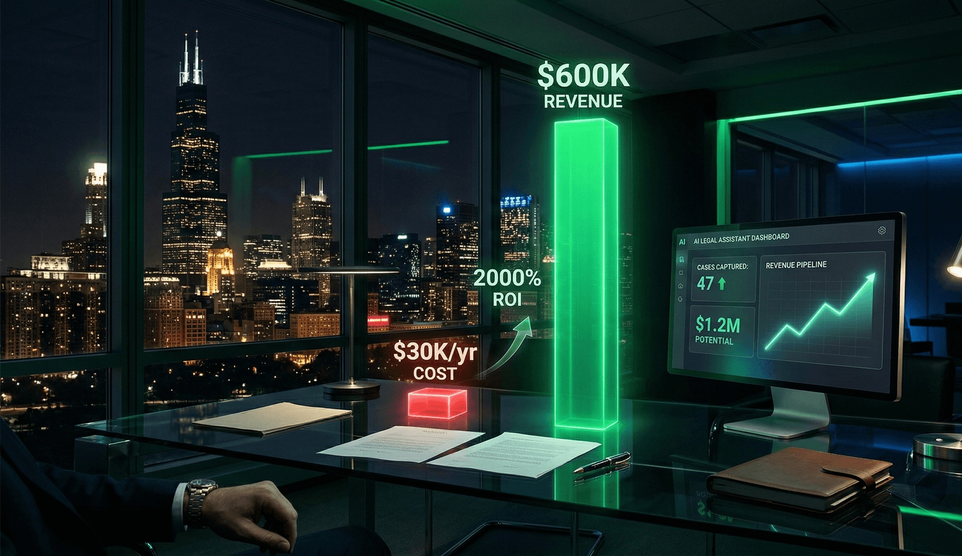 AI Employee ROI visualization for Chicago personal injury law firms — $30K annual cost versus $600K revenue generation with 2000% return on investment, AI legal assistant dashboard showing 47 cases captured and $1.2M revenue pipeline with the Chicago skyline and Willis Tower visible at night