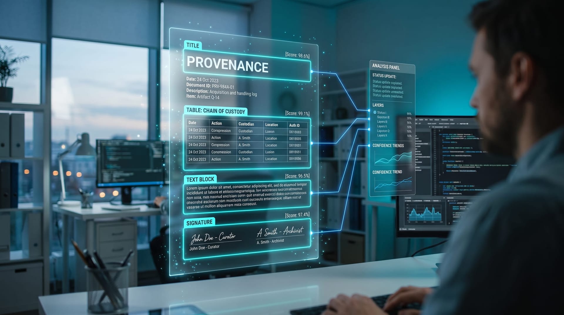 Holographic document page with cyan bounding boxes, typed-block labels and confidence scores illustrating structured extraction