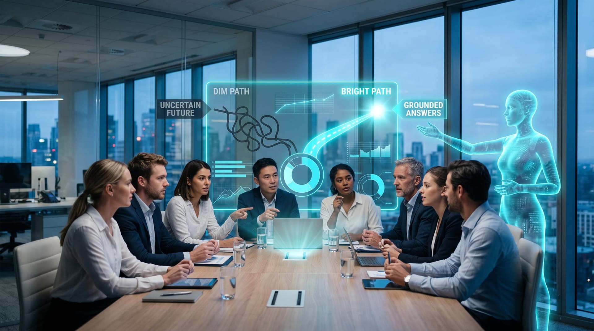 Business team and holographic AI avatar reviewing a grounded-data dashboard contrasting trustworthy and ungrounded answers