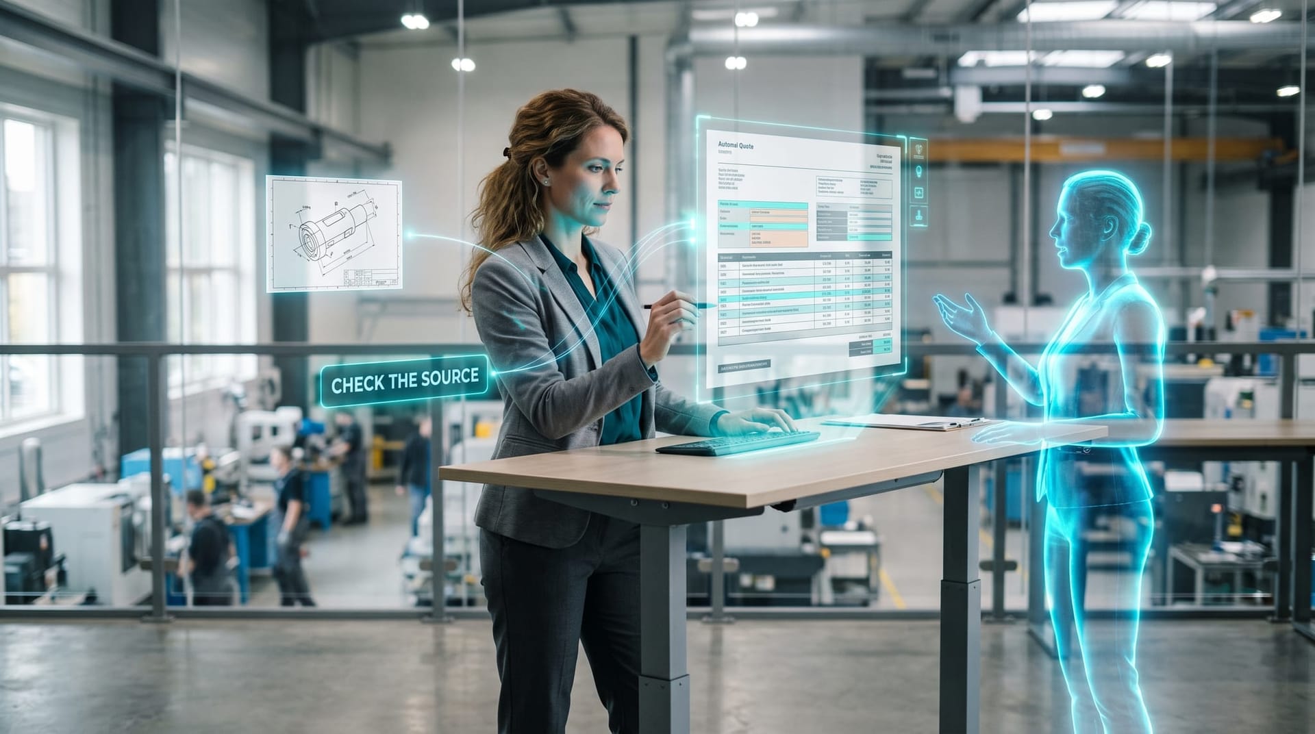 Northeast Indiana manufacturer reviewing holographic RFQ extraction with cyan citation links on a shop-floor office screen