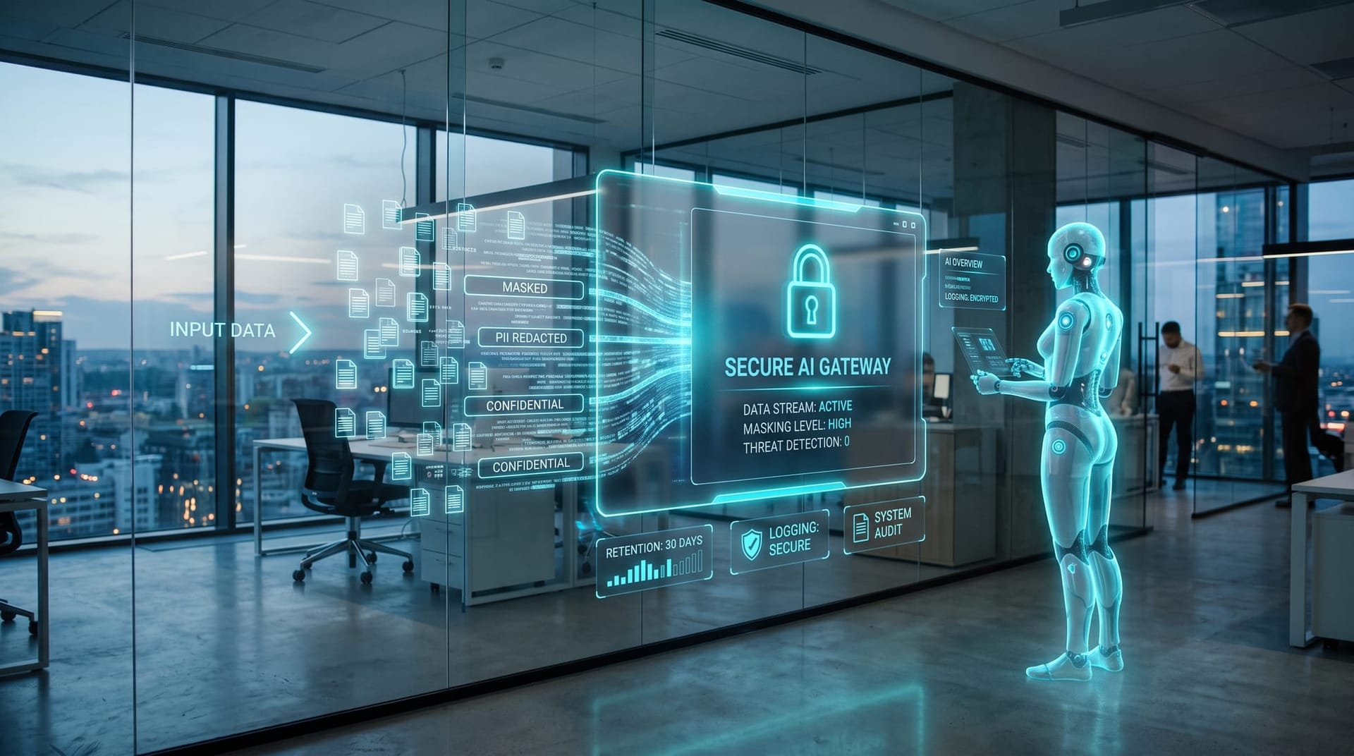 Secure AI gateway controlling the flow of extracted document data with masked fields and a holographic AI avatar observing
