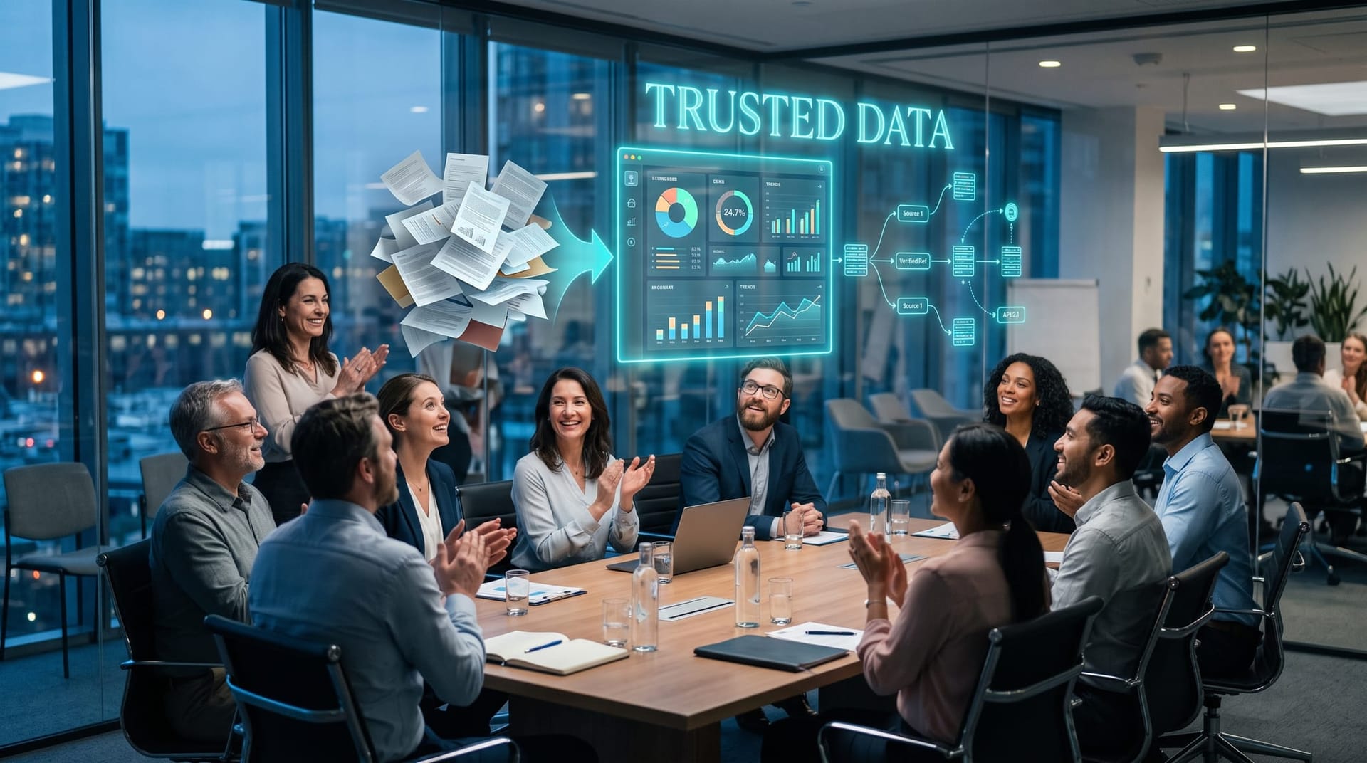 Diverse team applauding a holographic AI demo turning a document pile into a clean structured data dashboard