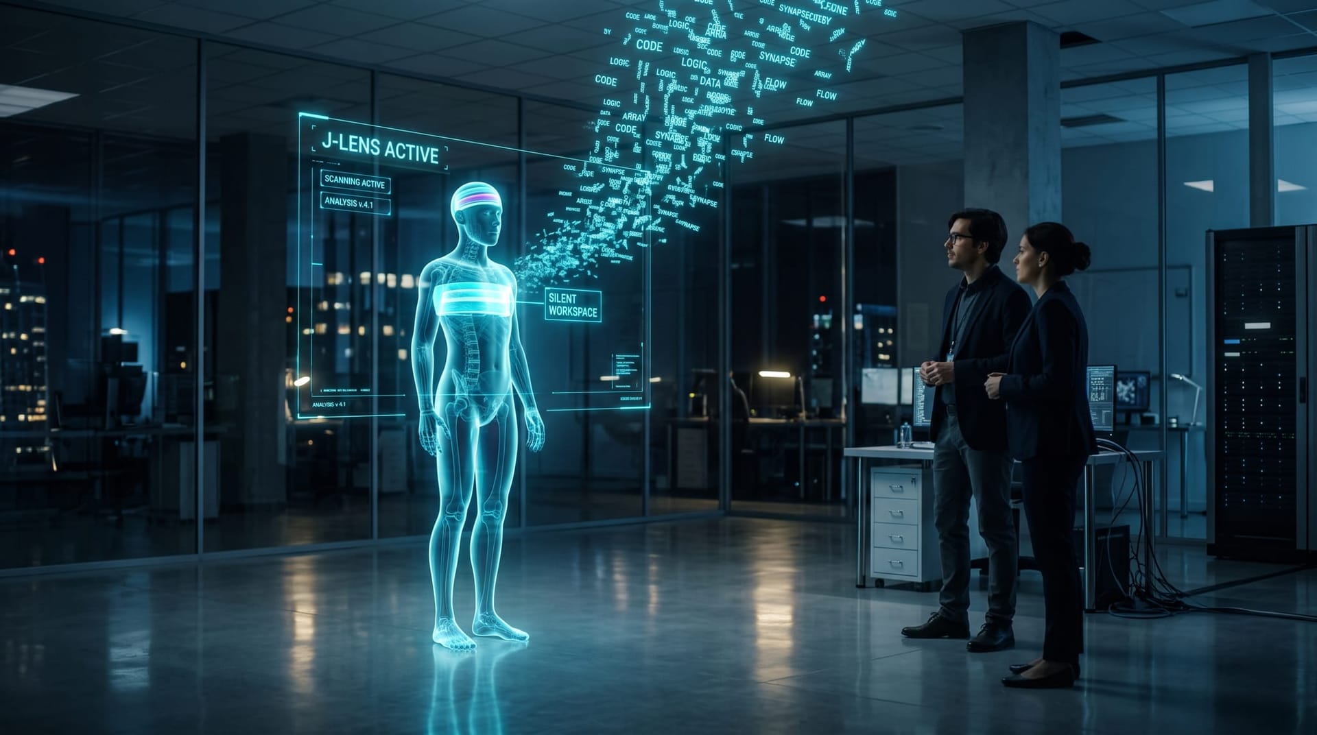 Translucent cyan holographic AI figure with a glowing visible workspace layer in its head, examined by researchers through a floating J-lens panel.
