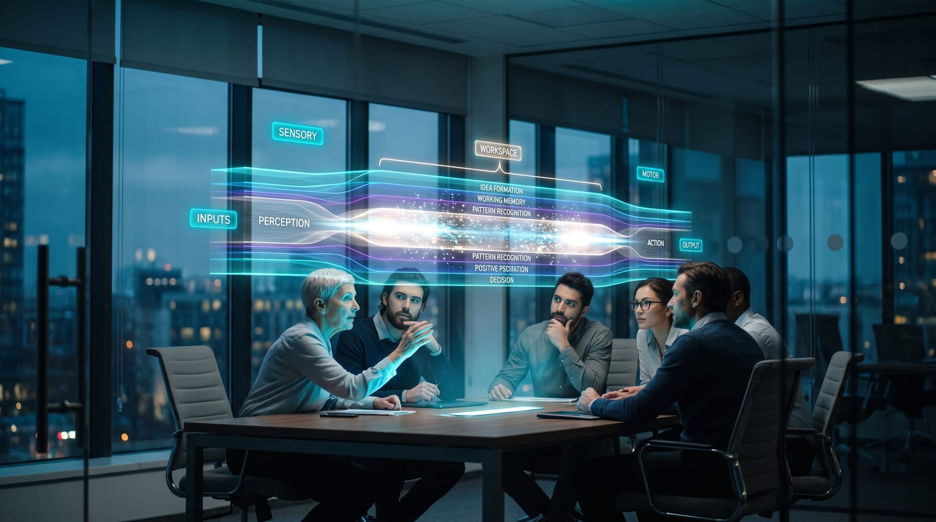 Holographic cross-section of an AI model showing three processing zones, a small bright workspace band glowing between input and output layers.