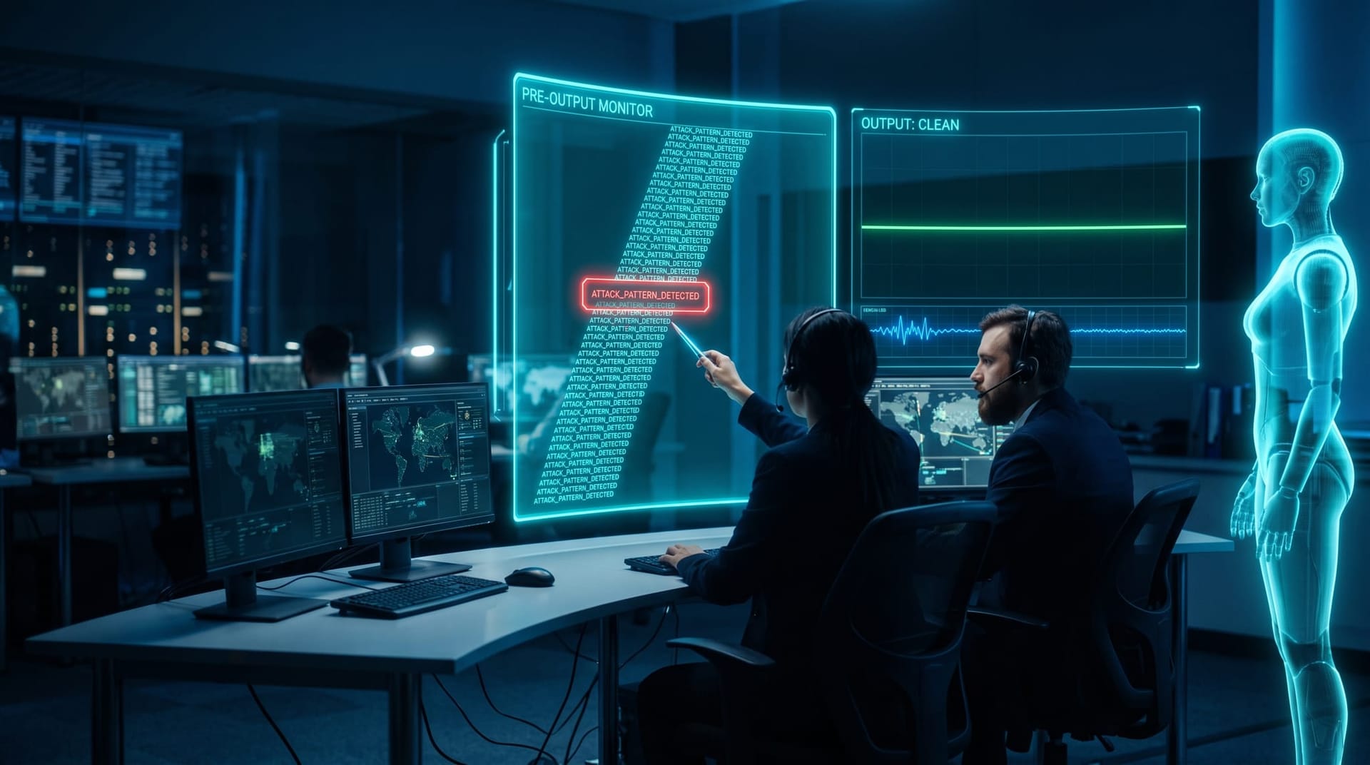 Security analysts watching a cyan holographic monitoring wall flag silent AI reasoning words before any output, one alert panel glowing brighter.