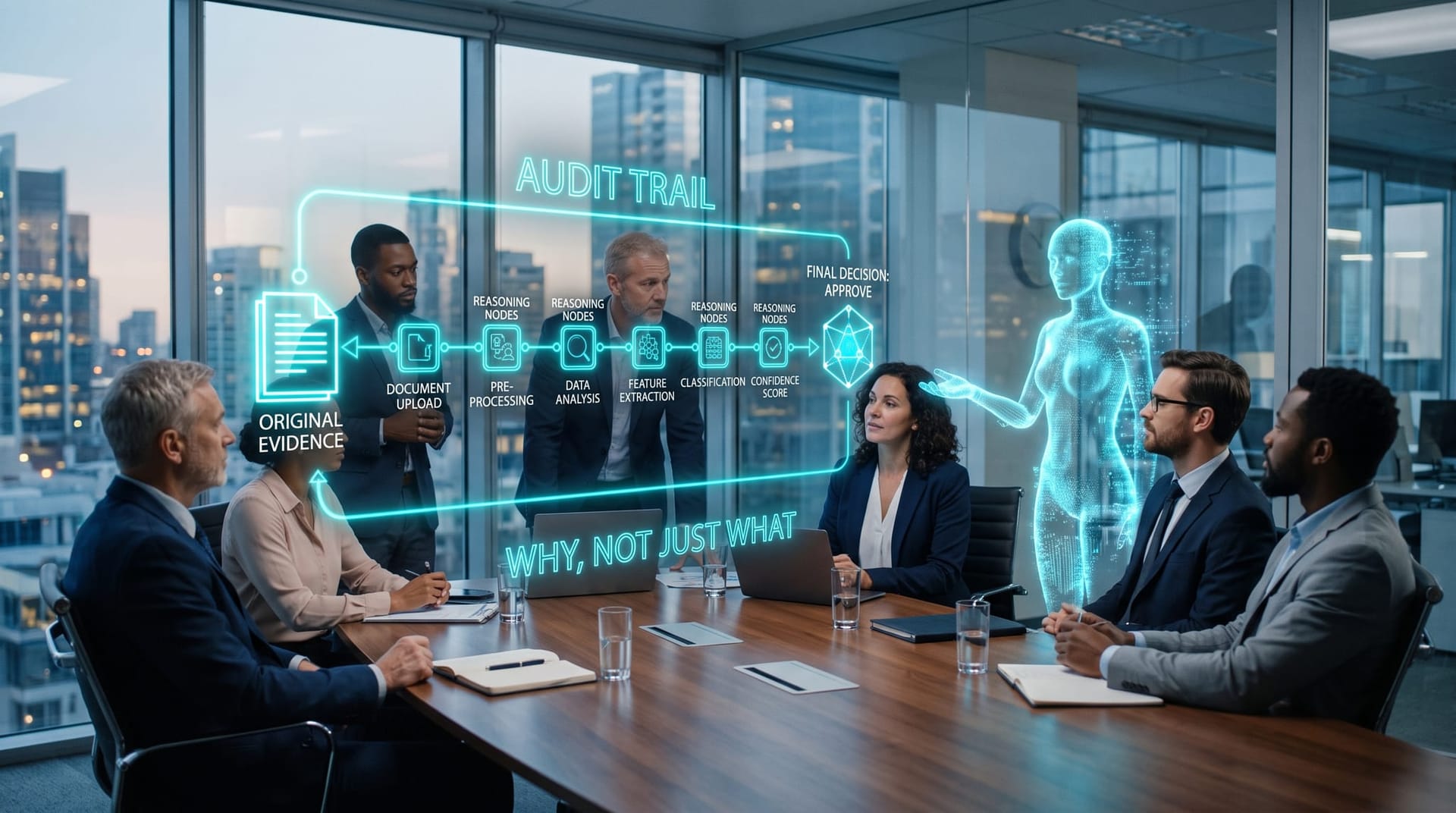 Business team in a glass boardroom reviewing a glowing holographic audit trail that links an AI decision back through reasoning steps to its source.