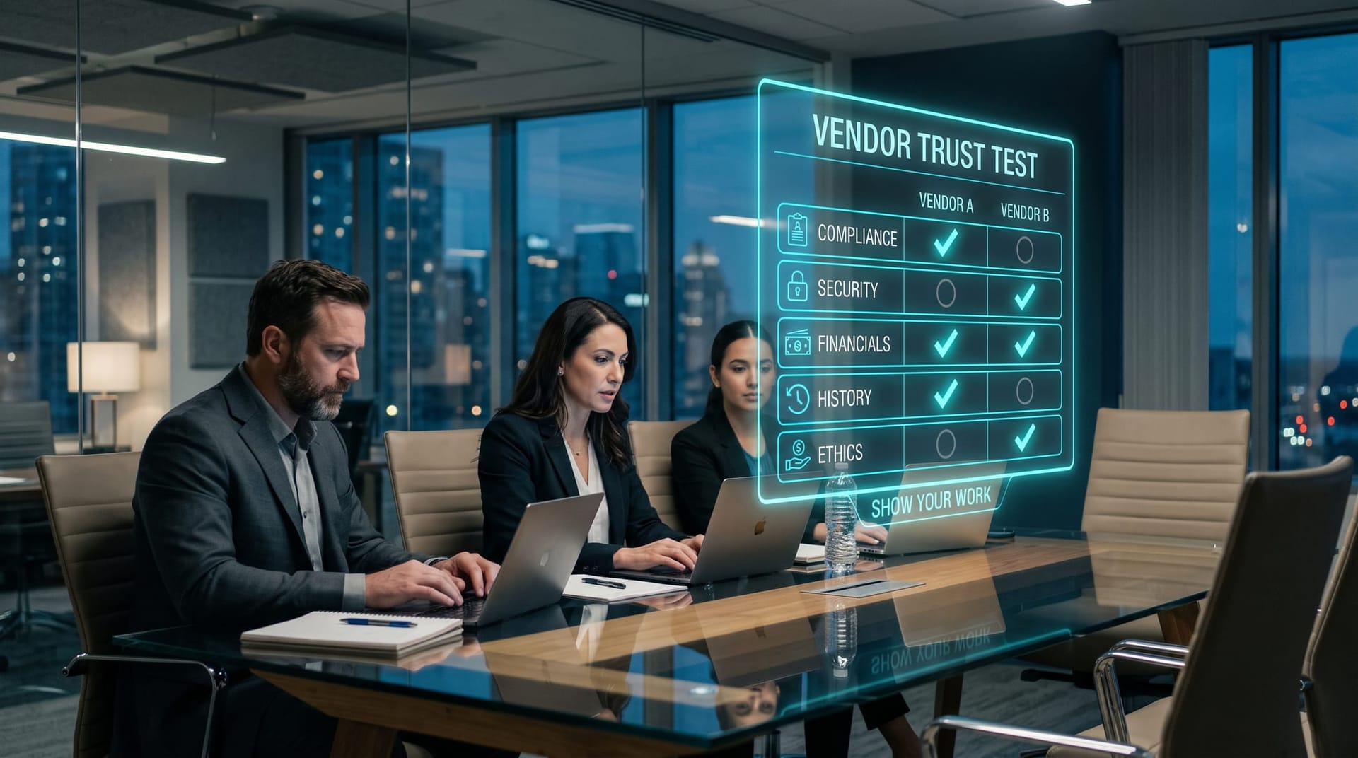 Procurement team scoring an AI vendor against a cyan holographic five-question checklist, pass and fail columns glowing above the conference table.