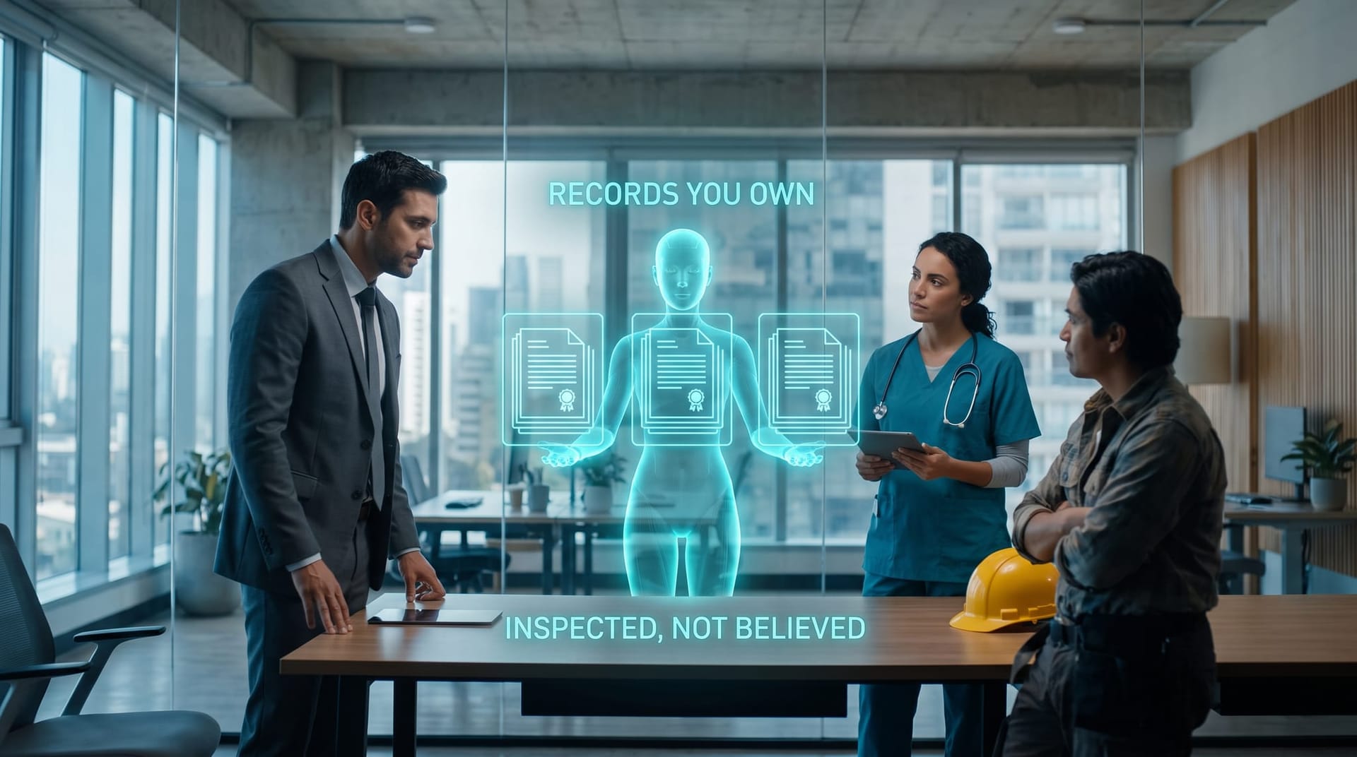 Professionals from law, healthcare, and manufacturing reviewing exportable AI decision logs with a cyan holographic AI avatar in a shared workspace.