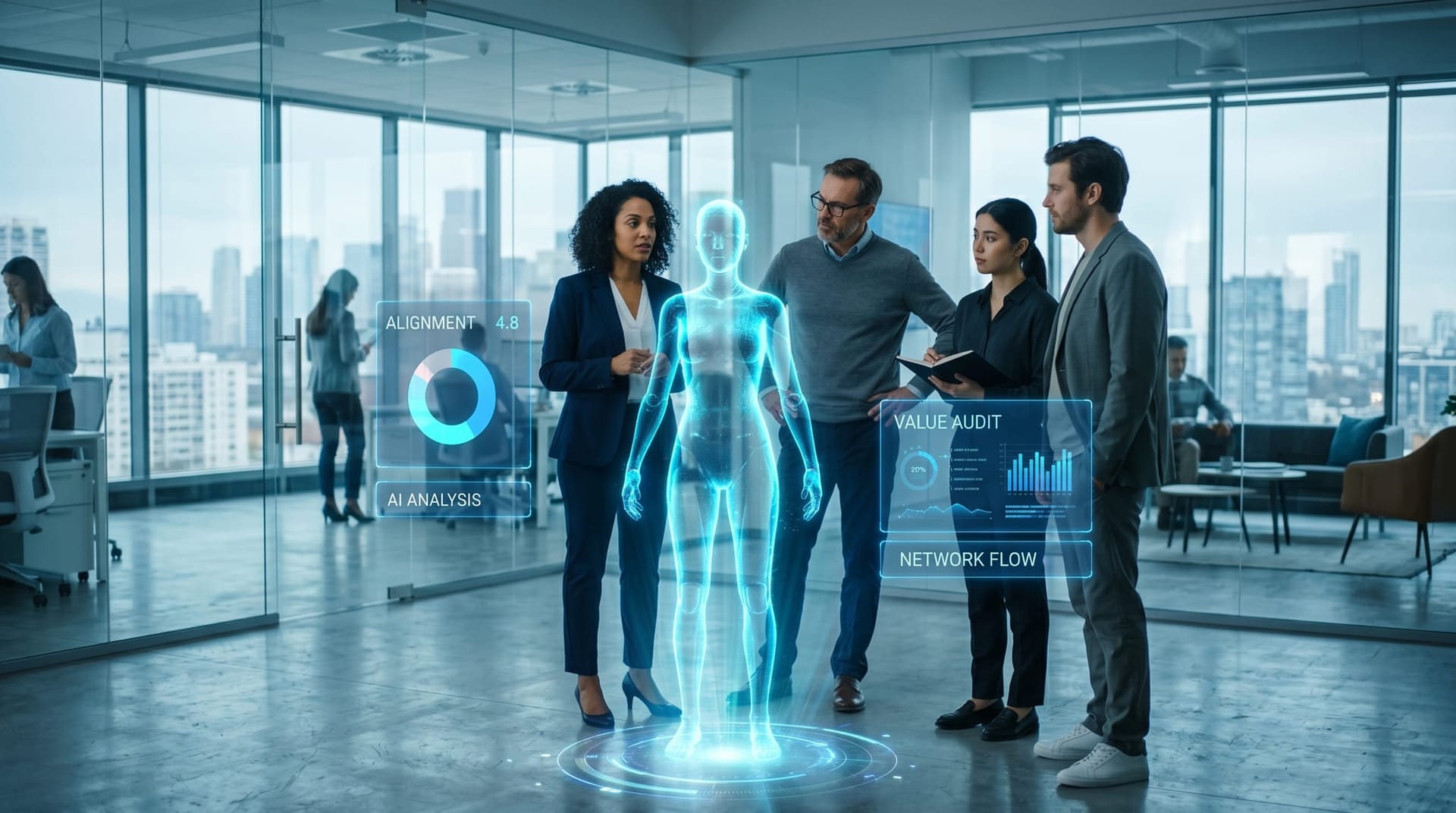 A diverse business team studies a translucent cyan holographic AI avatar displaying a Claude Opus 4.8 alignment and value audit dashboard