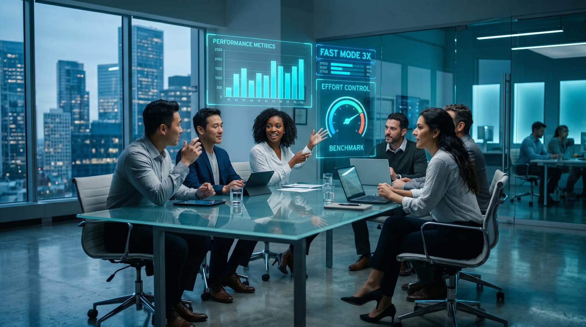 Colleagues at a glass conference table review floating cyan benchmark and pricing panels comparing Claude Opus 4.8 capabilities and fast mode cost