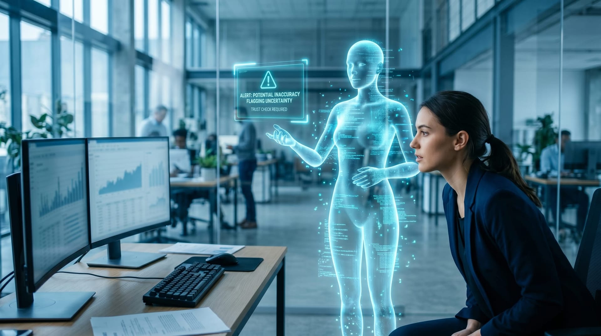 A translucent cyan holographic AI avatar pauses beside a support workstation, flagging a glowing uncertainty alert while a professional watches
