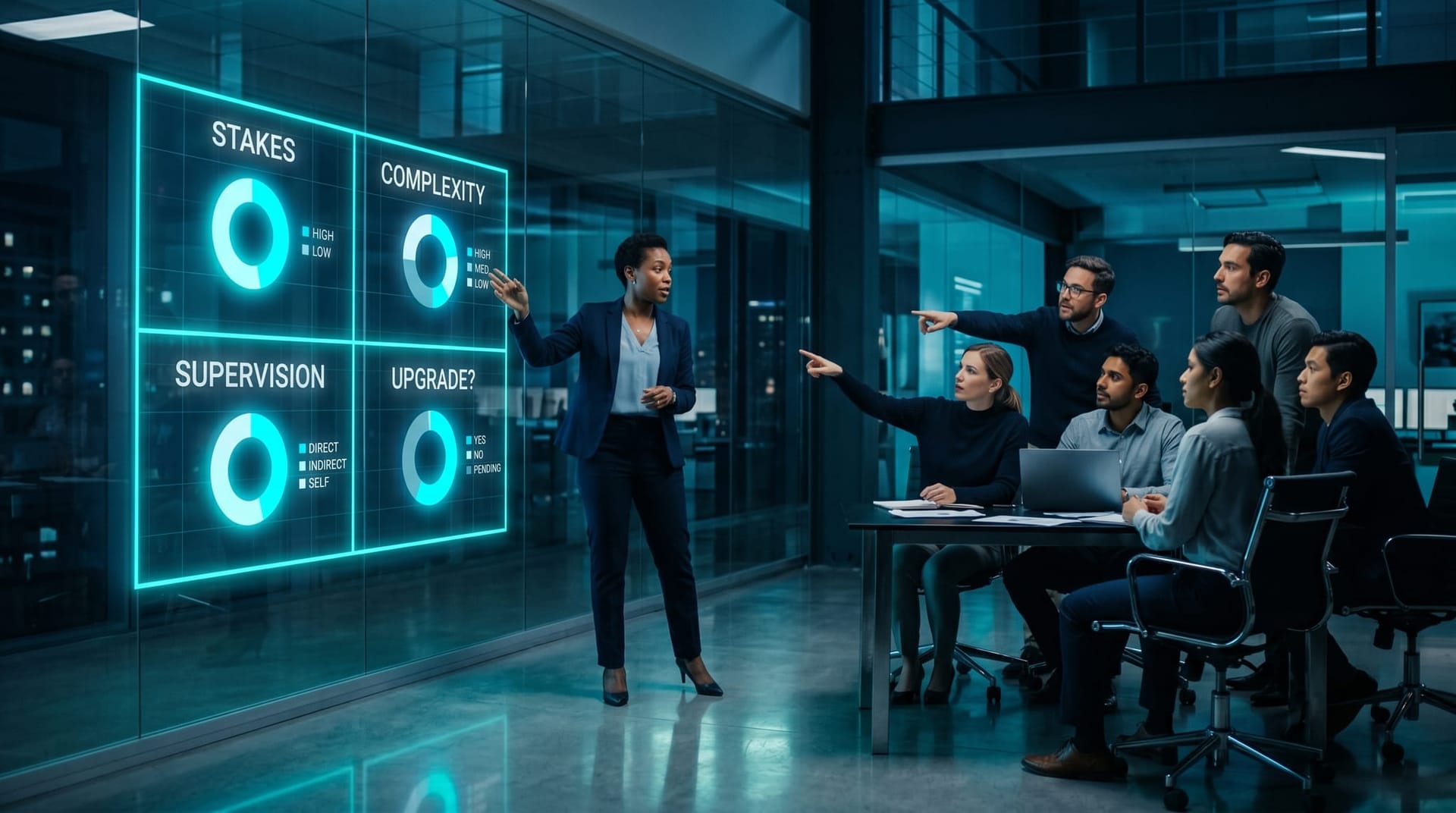 A presenter maps an upgrade decision framework on a large holographic cyan matrix weighing stakes, supervision and complexity for AI model upgrades