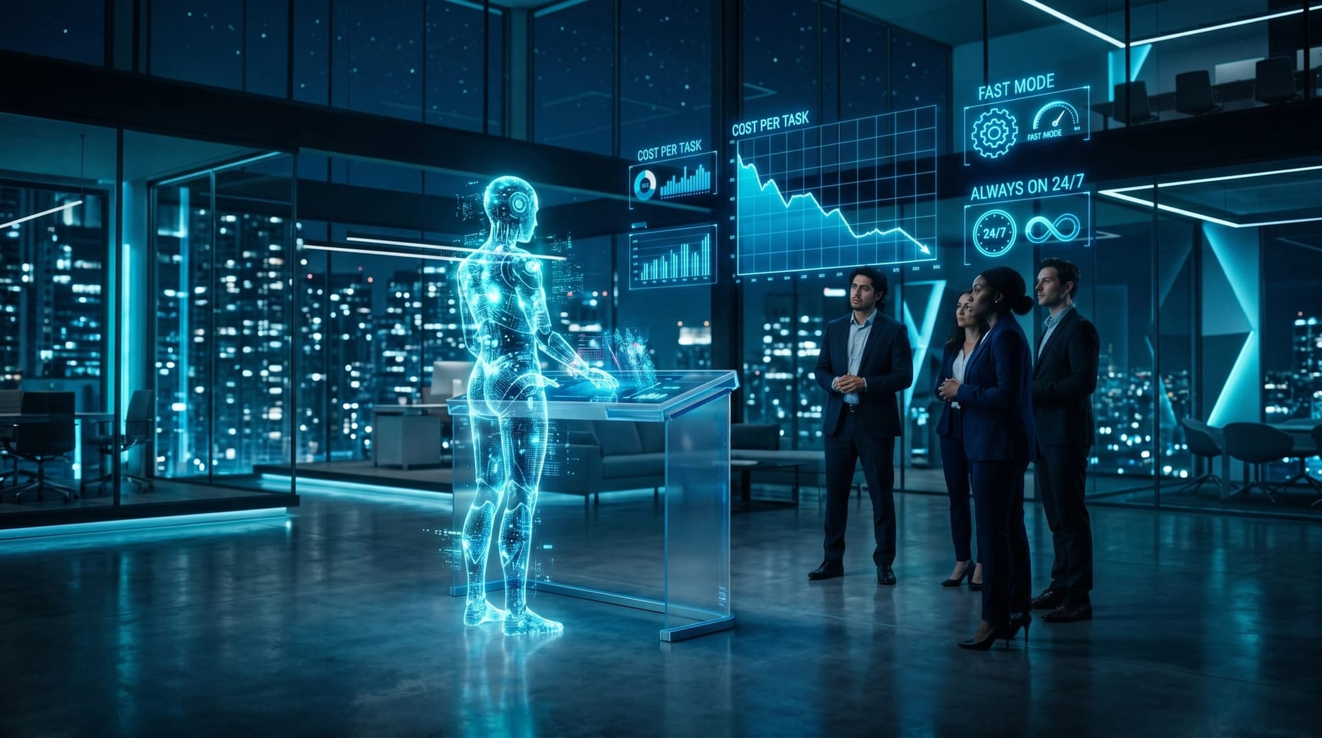 A translucent cyan AI avatar works an always-on agent station beside falling holographic cost curves showing cheaper AI inference for 2026