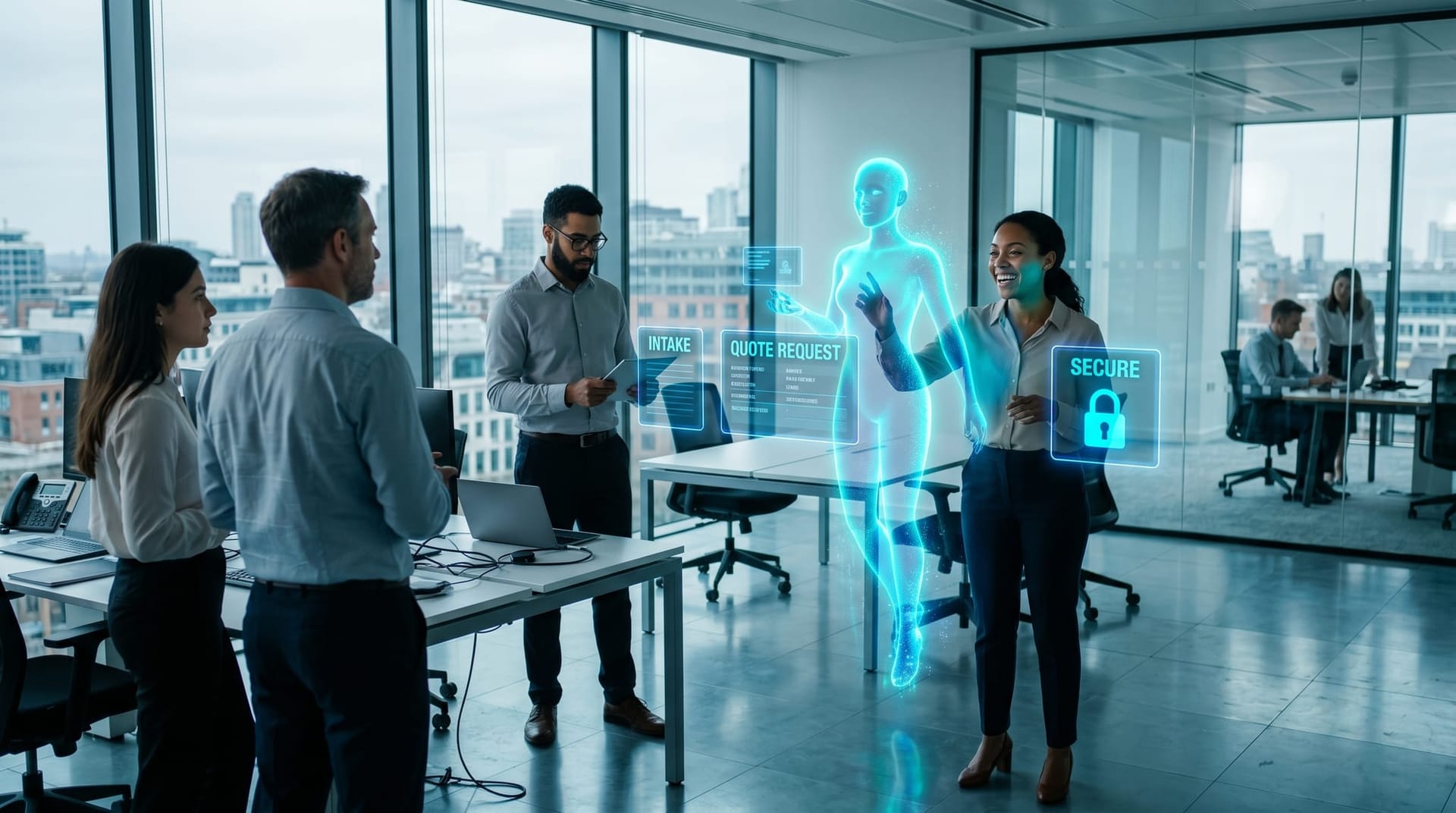 A Northeast Indiana mid-market team collaborates with a cyan holographic AI avatar handling intake and quotes on glowing customer-facing dashboards